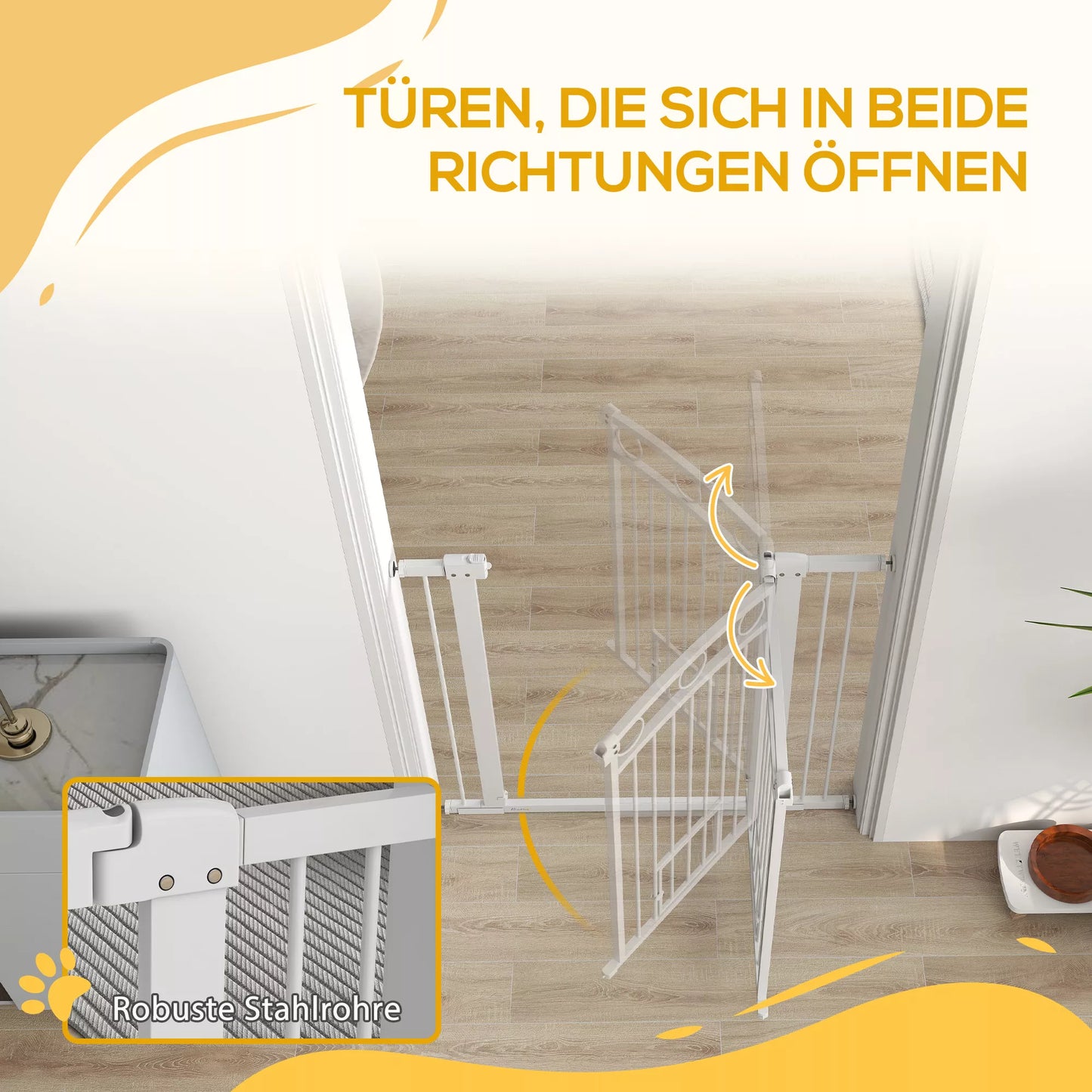 Naminių gyvūnėlių varteliai, 96 cm, apsauginiai varteliai laiptams, reguliuojamas plotis 76–104 cm, su katės durelėmis, skirti laiptams ir durų angoms, balti