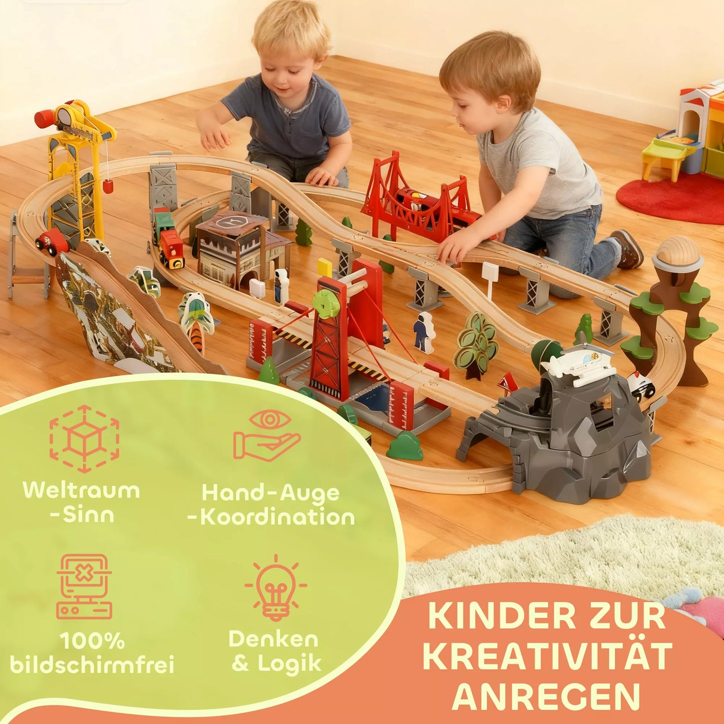 Medinių traukinių rinkinys, 100 dalių, su magnetiniu kranu, buko mediena, spalvotas