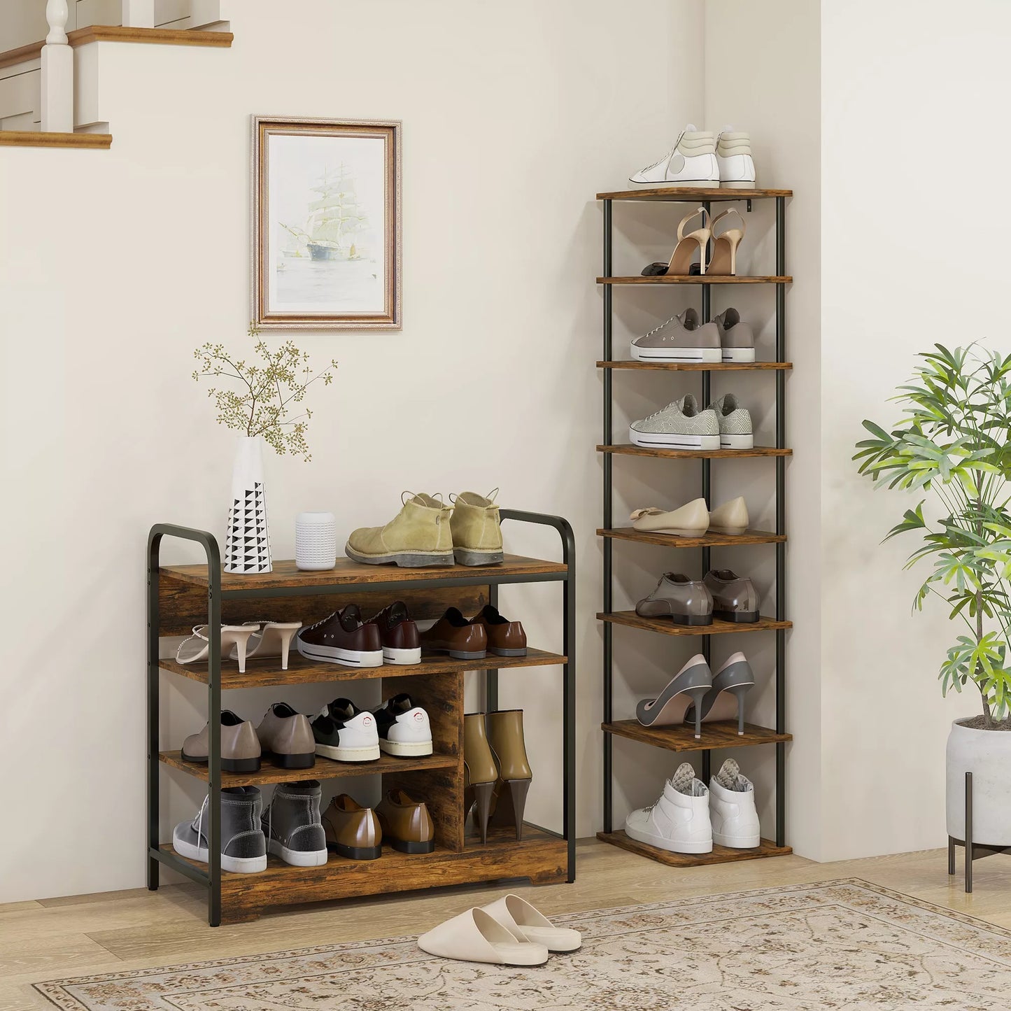 4 pakopų batų lentyna, atviras dizainas, metalinis rėmas, reguliuojamos kojelės, 70x30x65 cm, ruda/juoda