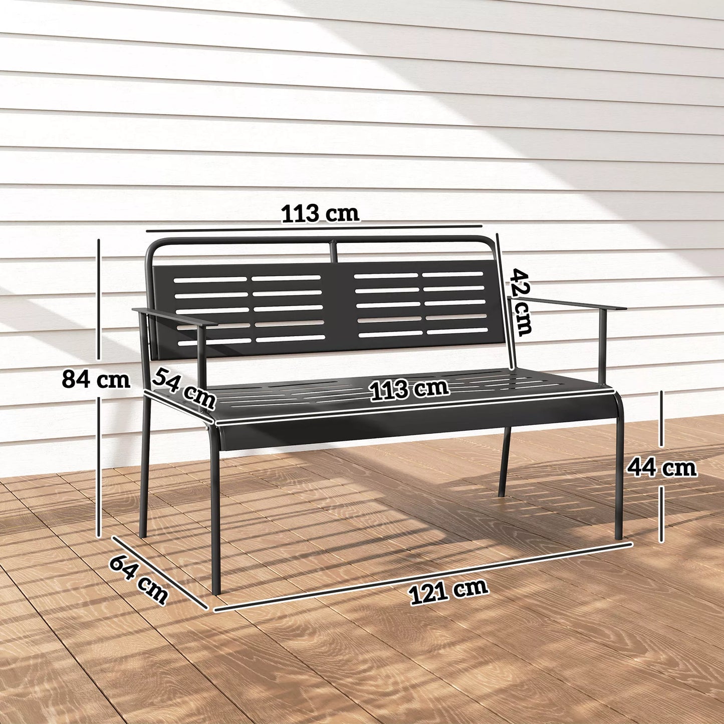 Dvivietis lauko suoliukas, atsparus oro sąlygoms, vandeniui atstumiantys lauko baldai su atlošu ir porankiais 121 x 64 x 84cm, juodas