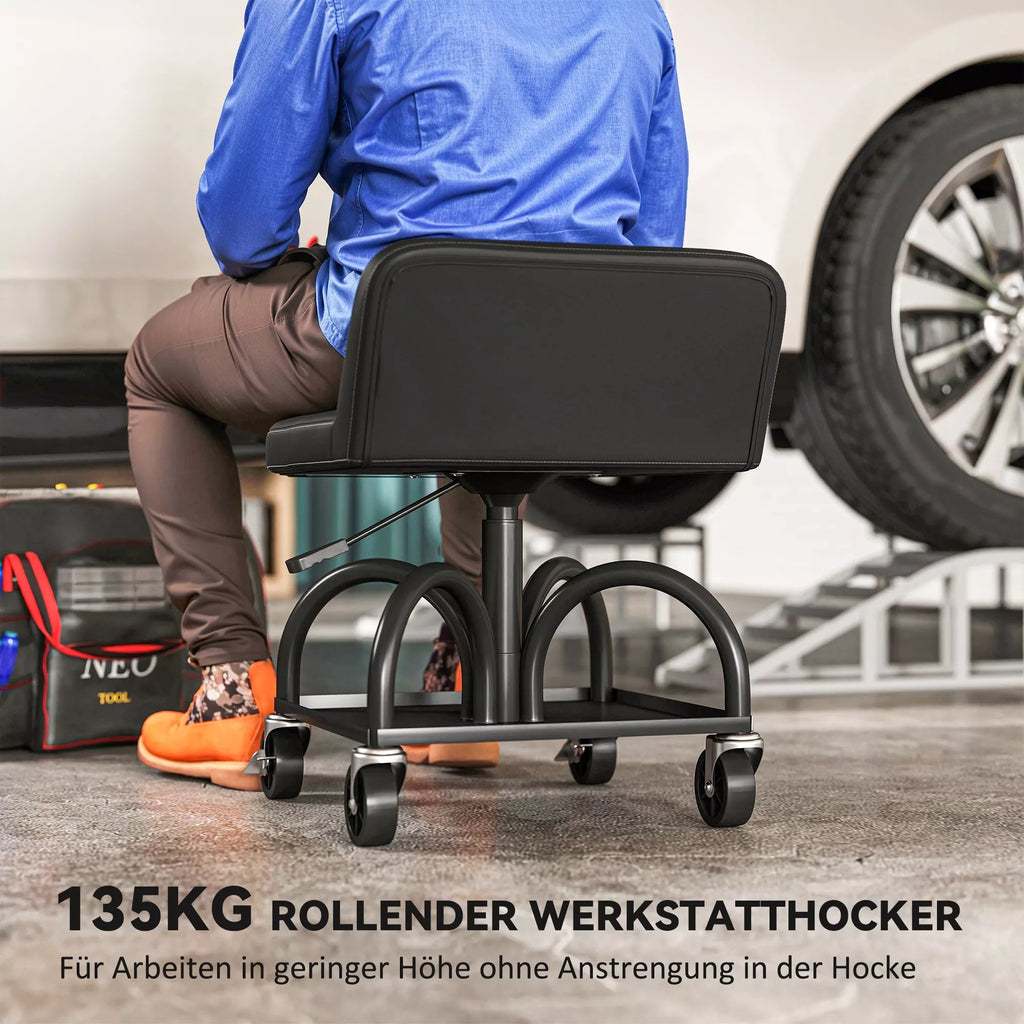 Mechaniko kėdė su ratukais ir įrankių dėtuve, iki 135 kg, juoda
