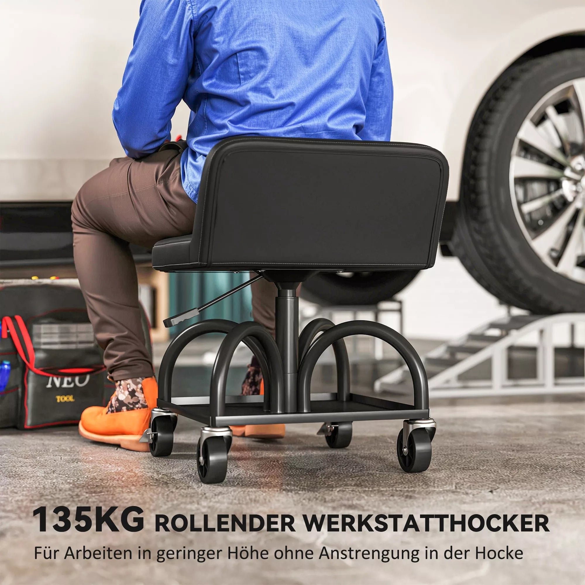 Mechaniko kėdė su ratukais ir įrankių dėtuve, iki 135 kg, juoda