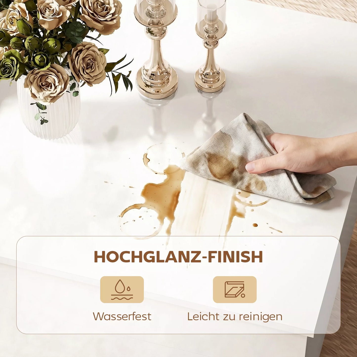 Kavos staliukas reguliuojamas, modernus svetainės baldas su paslėpta daiktų saugykla ir 2 stalčiais, mdf balta blizgi plokštė, 100x50x45 cm