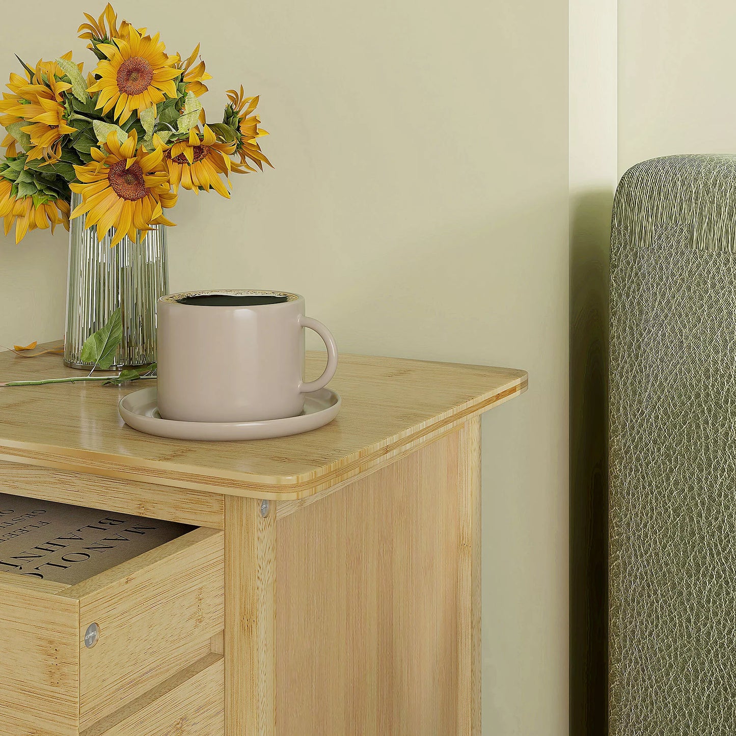 Naktinis staliukas, 2 vnt. rinkinys, Skandi dizainas, bambukas, 2 stalčiai ir lentynėlė, 40x34x60 cm