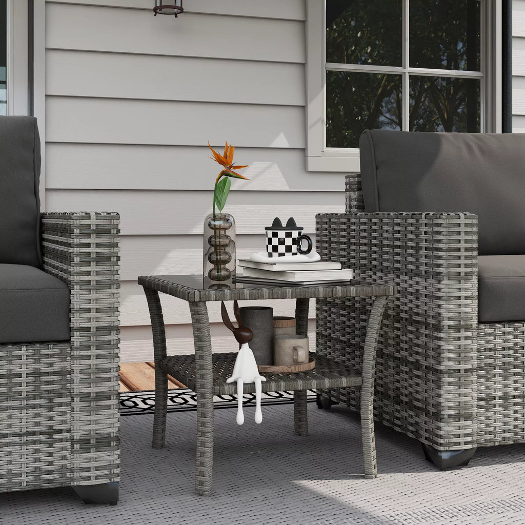 Polyrattan sodo stalas, 50 x 50 x 45 cm, atsparus atmosferos poveikiui, pagalbinis stalas 4 asmenims, kvadratinis su stikliniu stalviršiu