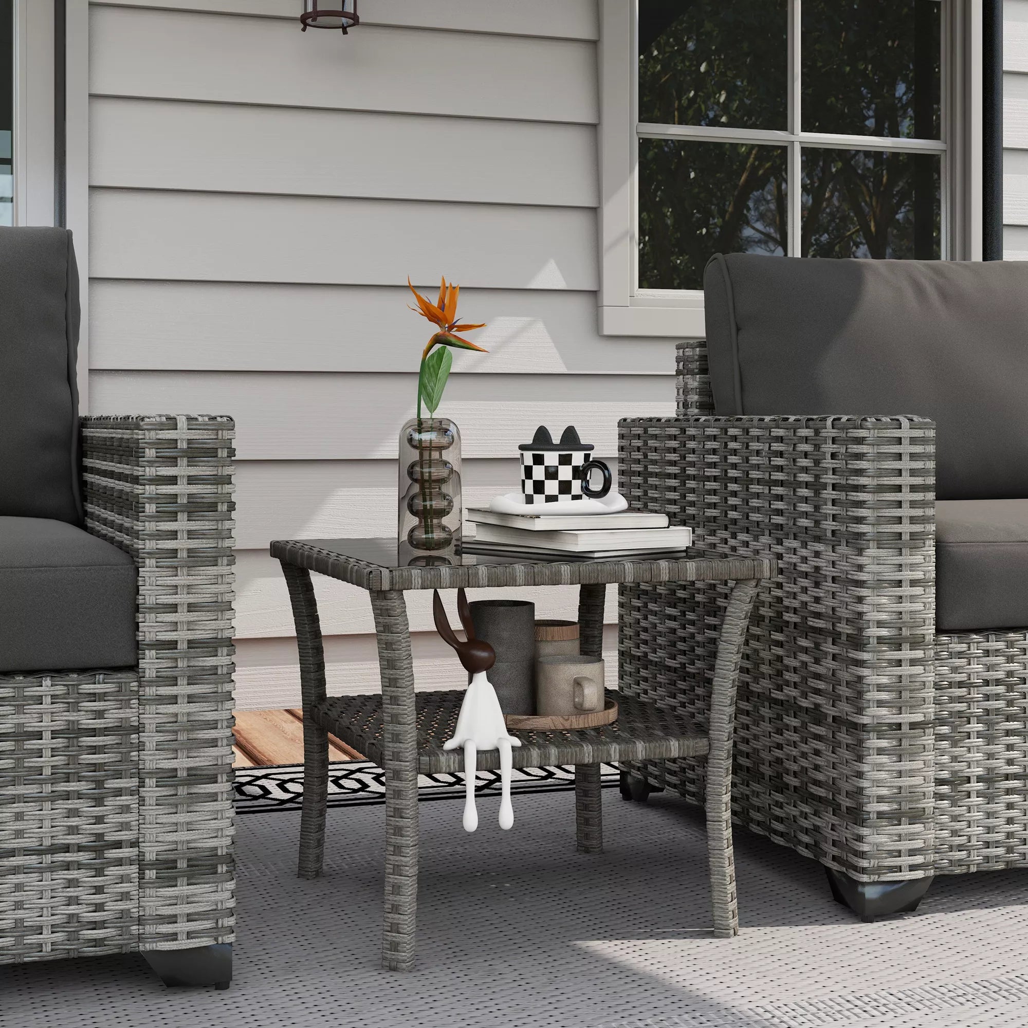 Polyrattan sodo stalas, 50 x 50 x 45 cm, atsparus atmosferos poveikiui, pagalbinis stalas 4 asmenims, kvadratinis su stikliniu stalviršiu