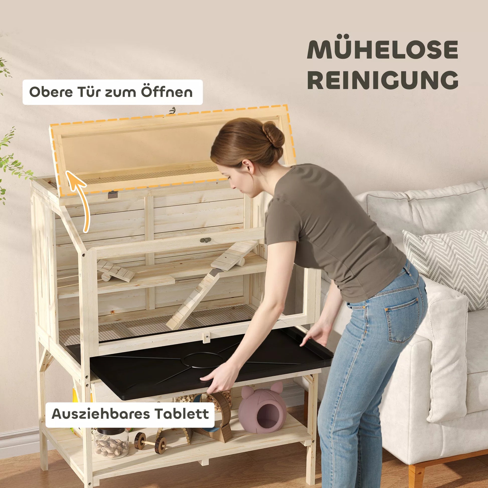 Hamsterio narvelis, 2 lygiai, narvelis smulkiesiems gyvūnams su daiktų laikymo skyriumi, priedai, 84 x 53 x 110 cm, natūralus medis