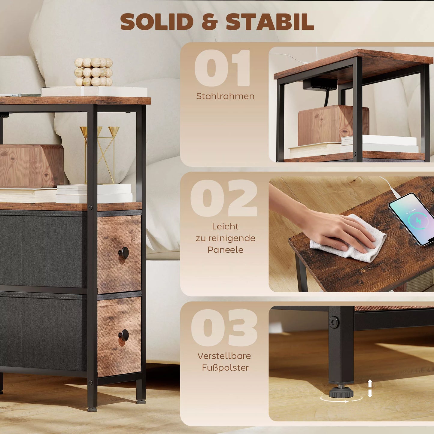 Staliukas su įkrovimo stotele, plieninis rėmas, 2 audinio stalčiai, atvira dėžė, 20 cm x 40 cm x 63 cm, rusvi