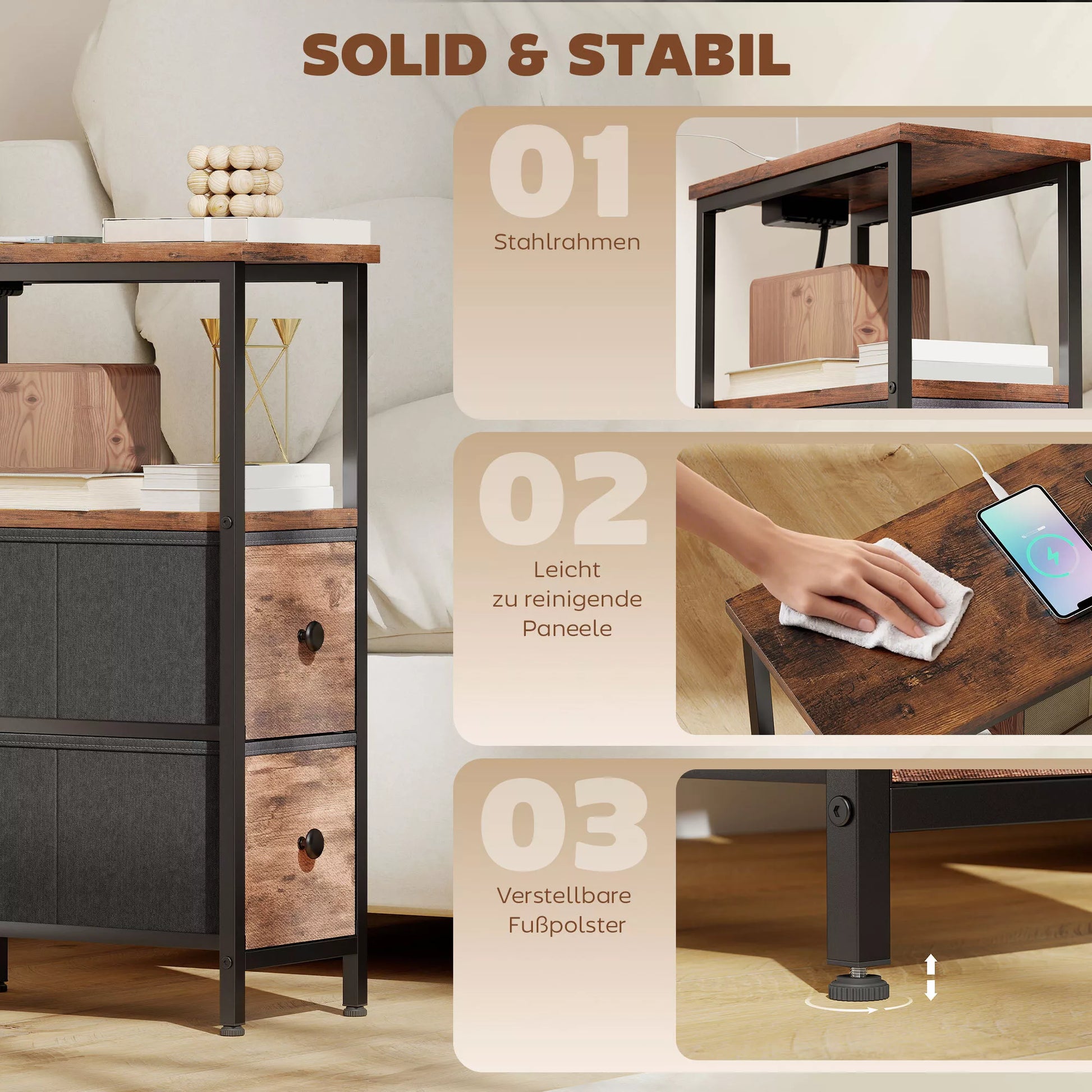 Staliukas su įkrovimo stotele, plieninis rėmas, 2 audinio stalčiai, atvira dėžė, 20 cm x 40 cm x 63 cm, rusvi