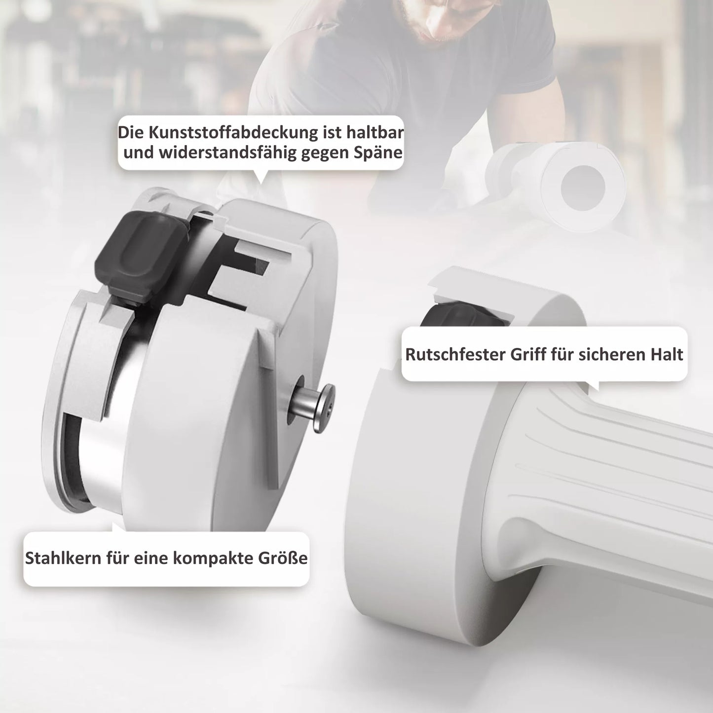 2 x 2,5 kg hanteliai su reguliuojamu svoriu, plastikiniu korpusu, balti