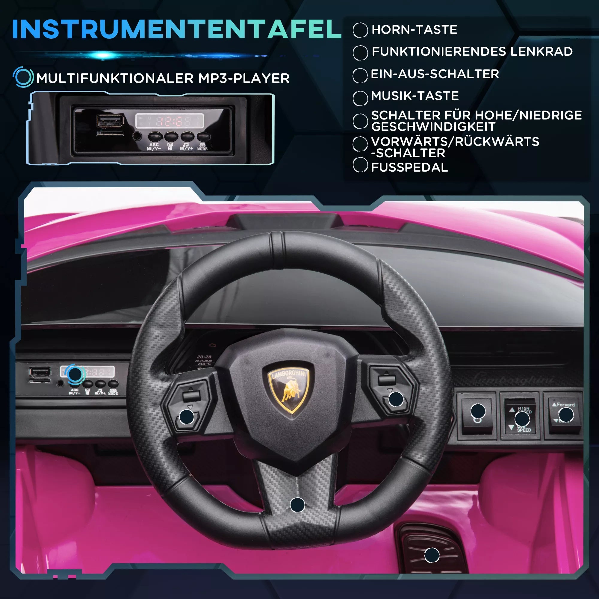Rožinio vaikų Lamborghini vairas ir prietaisų skydelis iš arti