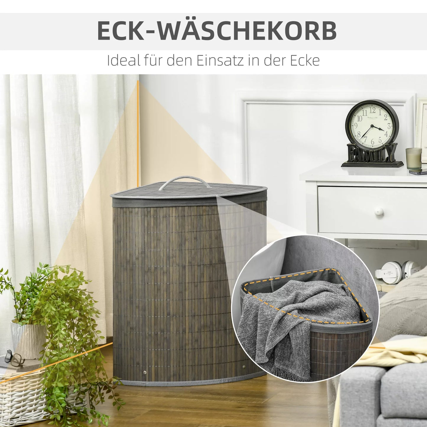 55 L skalbinių krepšys su dangčiu, rankena, skalbinių rūšiuoklis su išimamu skalbinių maišeliu vonios kambariui, bambukas, pilkas.