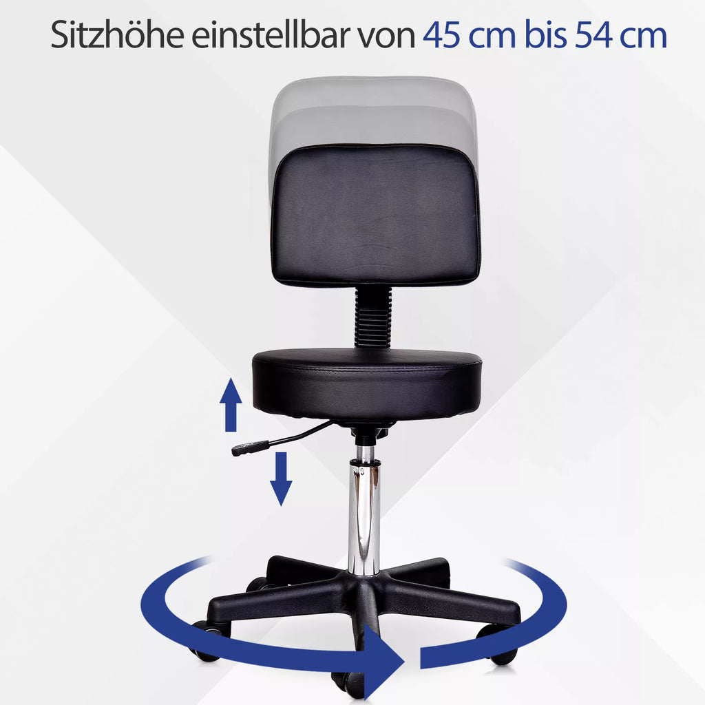 Reguliuojamo aukščio stumdomas taburetė su atlošu Pasukamas taburetė 72–84 cm Darbo taburetė, pasukama 360° Biuro taburetė biurui, salonui, masažui, SPA Juoda