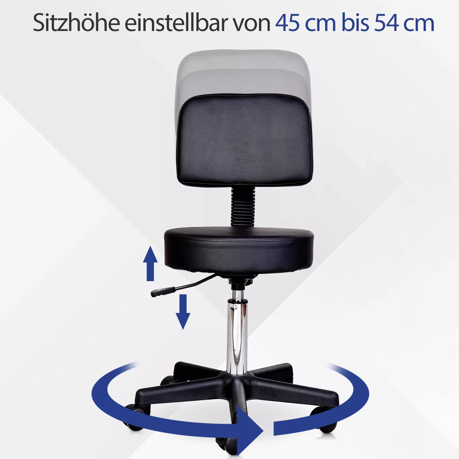 Reguliuojamo aukščio stumdomas taburetė su atlošu Pasukamas taburetė 72–84 cm Darbo taburetė, pasukama 360° Biuro taburetė biurui, salonui, masažui, SPA Juoda