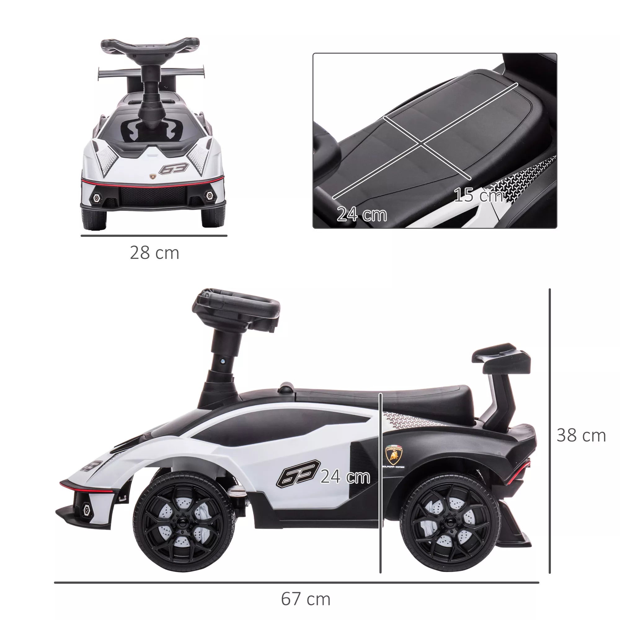Vaikiškas paspiriamasis automobilis su Lamborghini licencija, su garso efektais, apsauga nuo apvirtimo, 67 cm x 28 x 38 cm