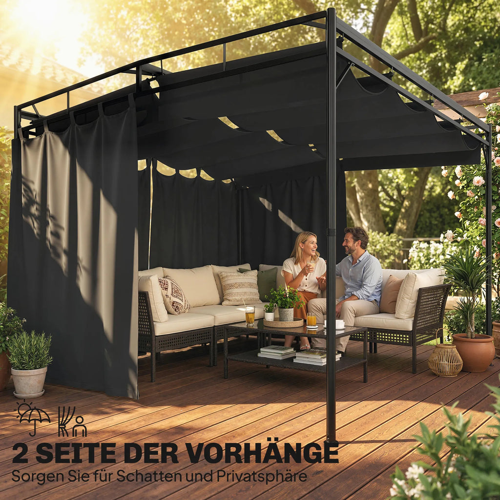 Pergola sode virš lauko baldų prie terasos