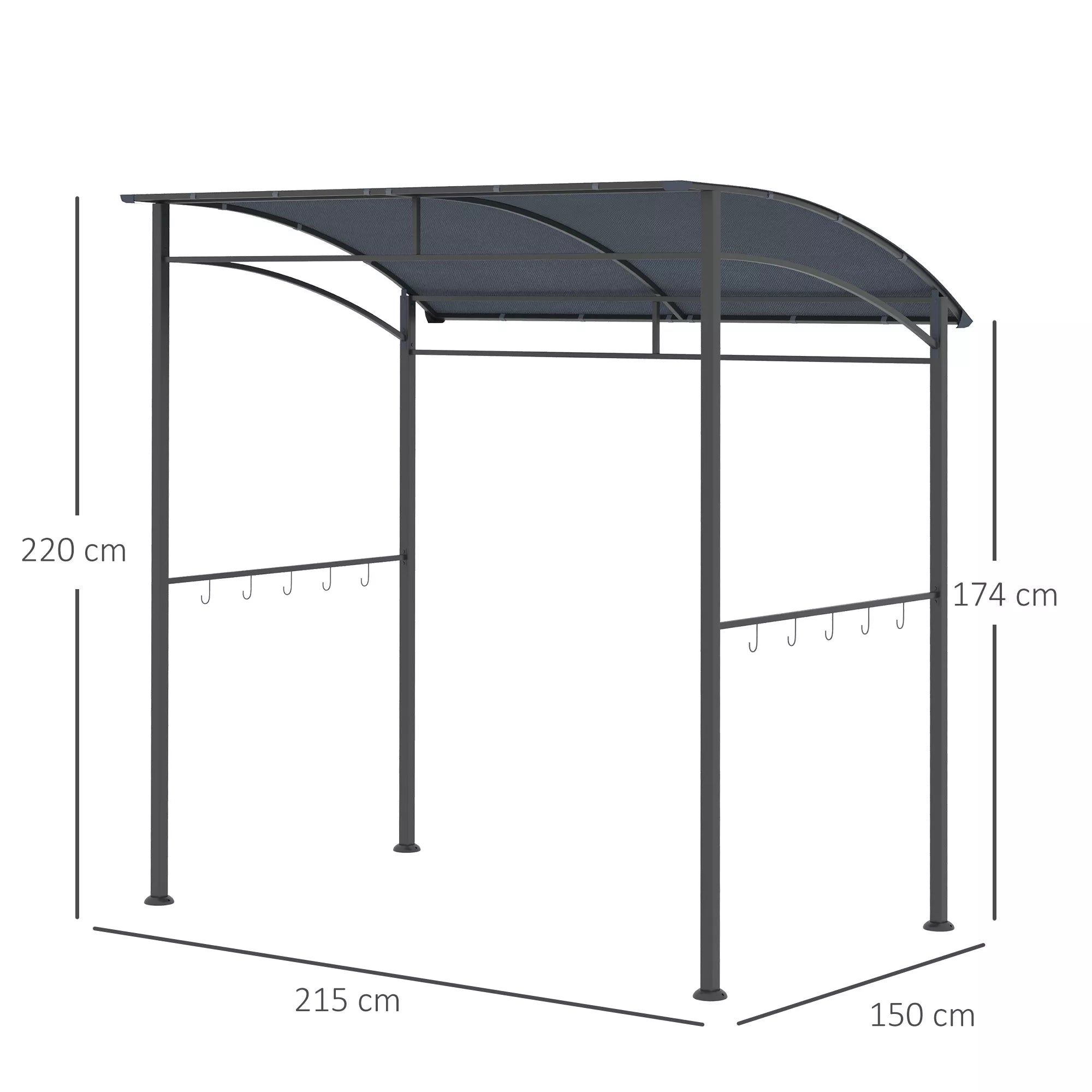 Grill paviljonas, grill stogas, apsauga nuo lietaus, kabliai įrankiams, plieninis rėmas, pilkos spalvos, 215 x 150 x 174/220 cm