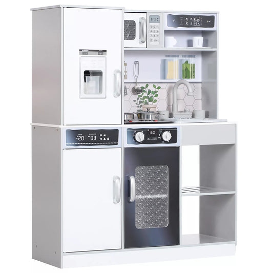 Žaislinės virtuvėlės rinkinys su nerūdijančio plieno indų rinkiniu, virykle, kriaukle su vandens cirkuliacijos sistema, šviesos ir garso efektais, balta