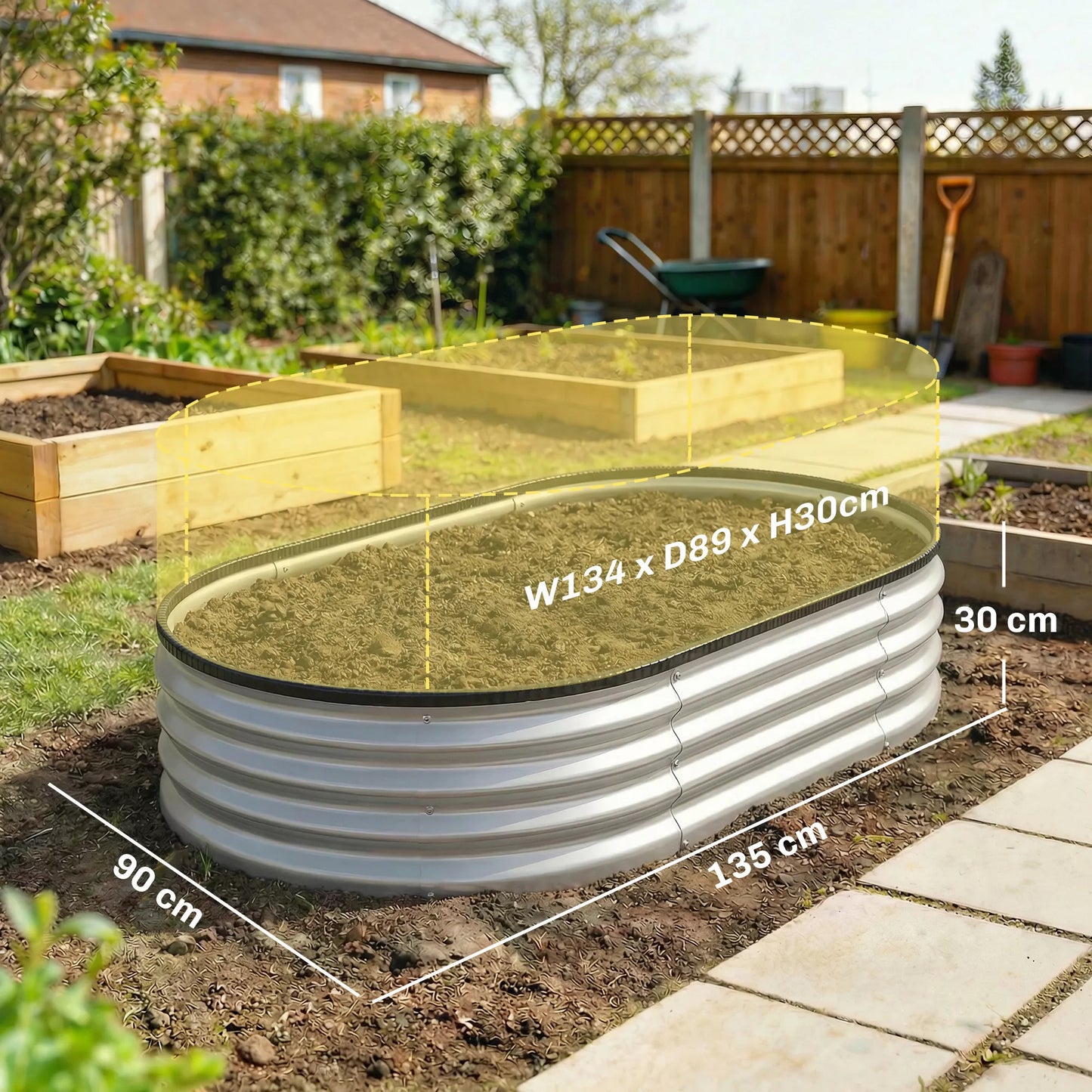 Metalinė pakelta lysvė su guminėmis apsauginėmis juostomis, ovalių augalų dėžių rinkinys, plienas, 135 x 90 x 30 cm, pilka