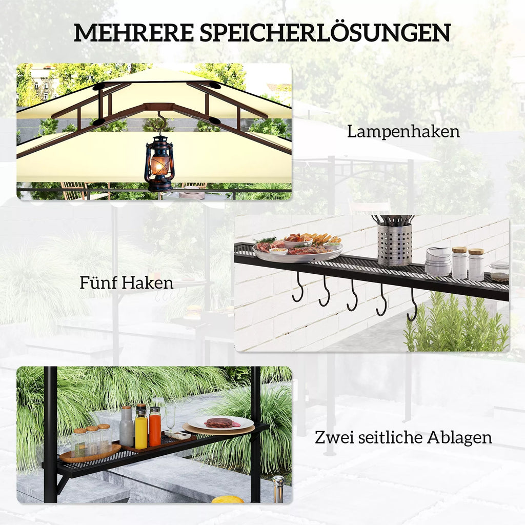 Grillpavillon 242x232x248 cm vandeniui atsparus, ugniai atsparus sodo paviljonas su dvigubu stogu, smėlio spalvos