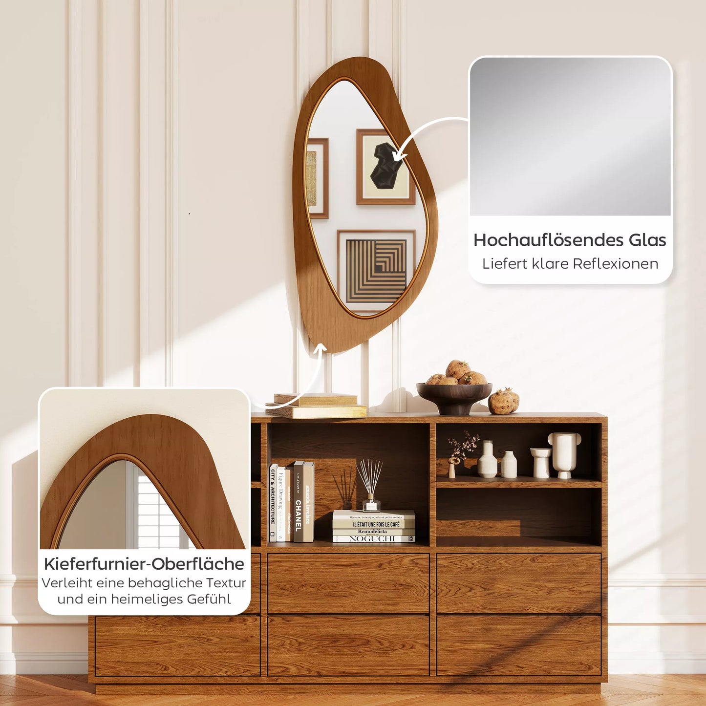 Sieninis veidrodis, veidrodis su pušies faneros rėmu miegamajam ir svetainei, stiklas ir pušies fanera, 91,5x45x3 cm, natūrali medžio spalva