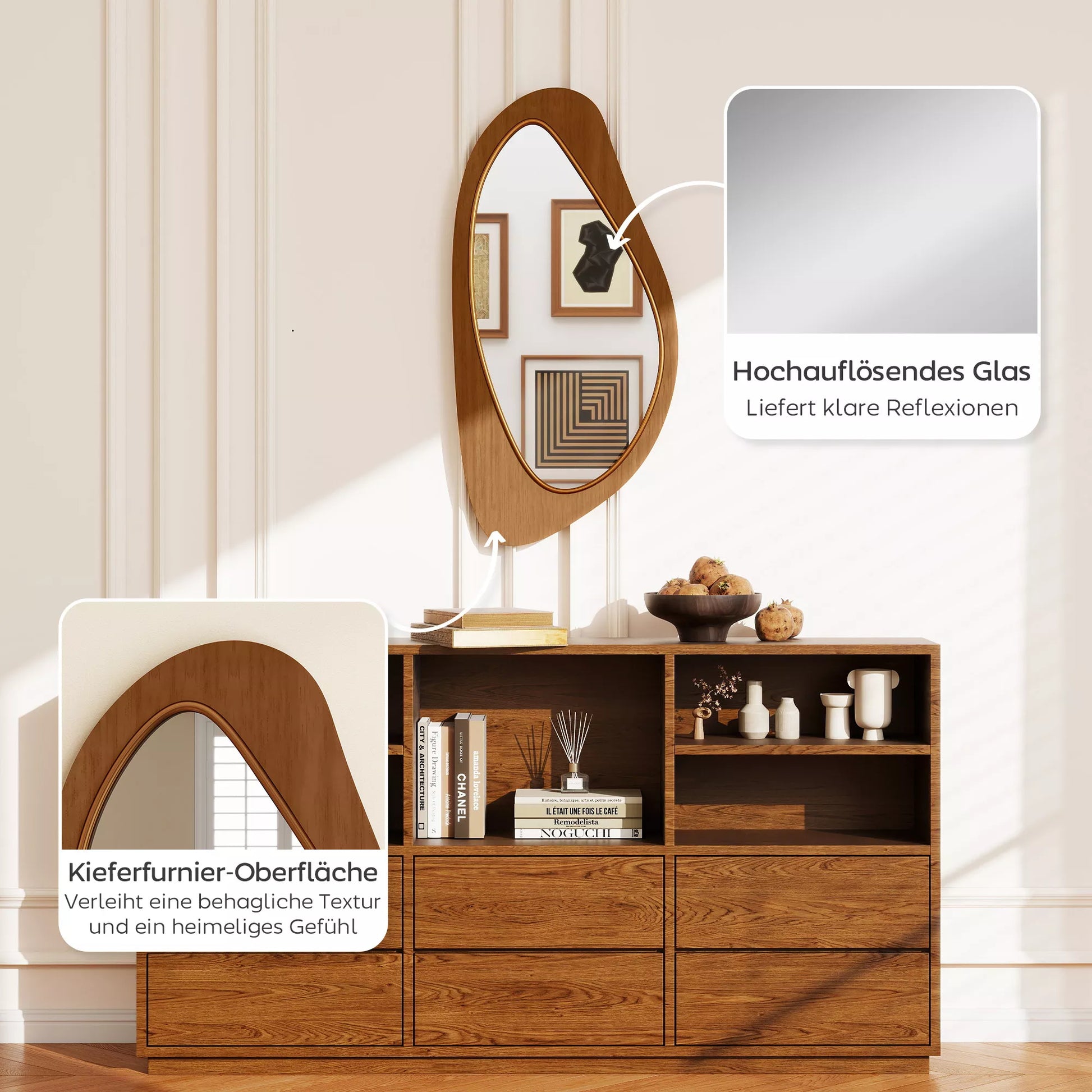 Sieninis veidrodis, veidrodis su pušies faneros rėmu miegamajam ir svetainei, stiklas ir pušies fanera, 91,5x45x3 cm, natūrali medžio spalva