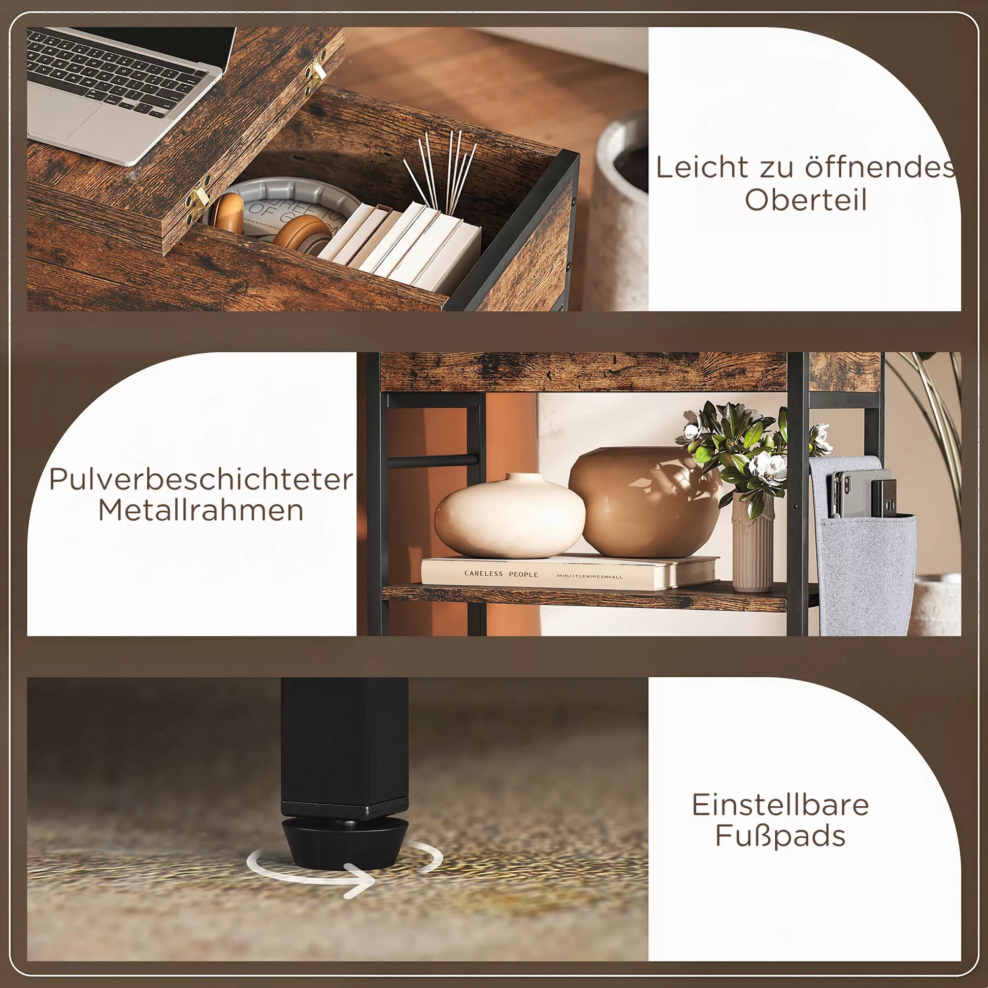 Pagalbinis staliukas Naktinis staliukas su kištukine lizda, 2 lygiais, USB jungtimis Laikymo erdvė 60 x 29,8 x 58,5 cm Rustikalus Ruda