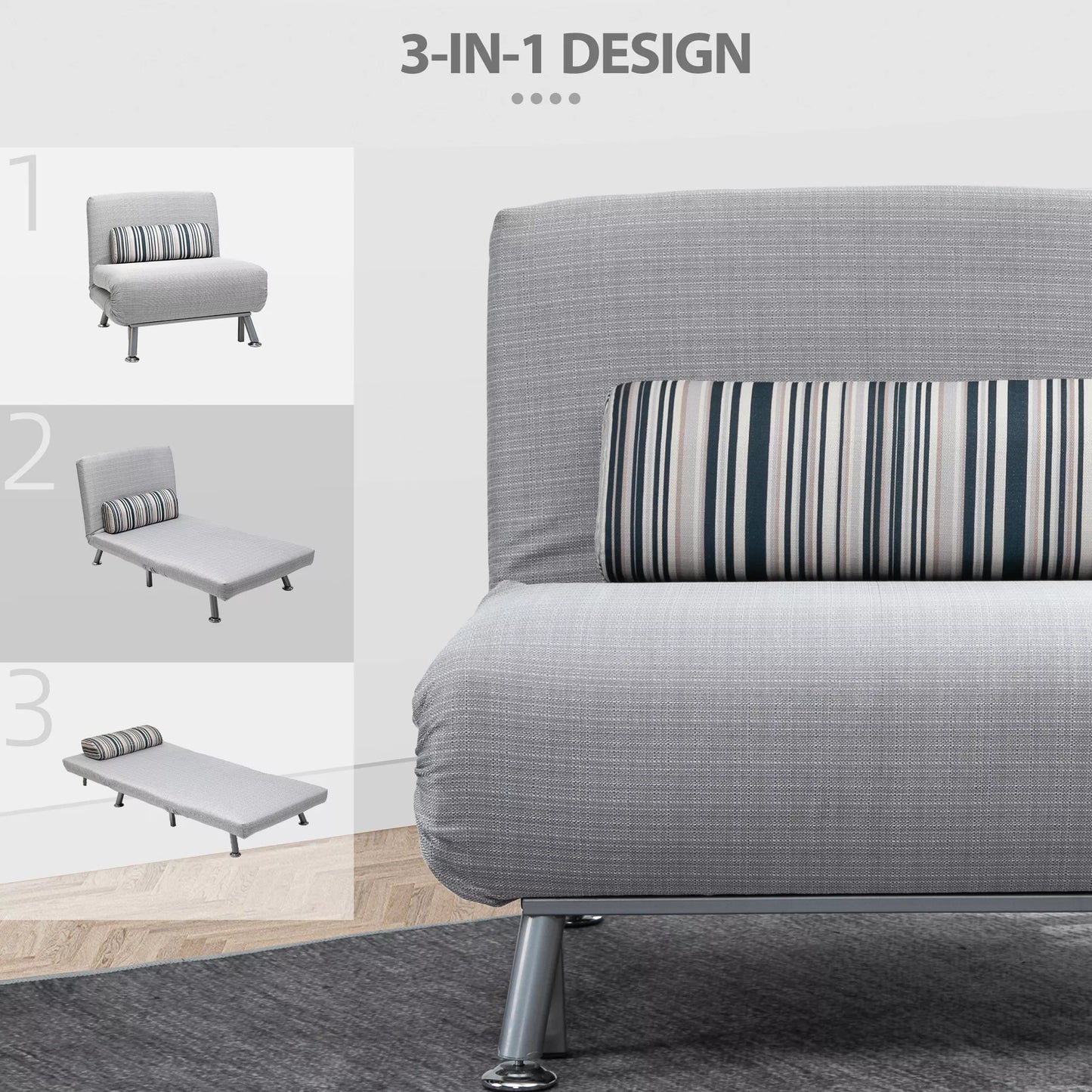 Sulankstomas krėslas su miegojimo funkcija, atlošiamas krėslas su linine išvaizda, reguliuojama atlošas, 75 x 70 x 75 cm, Pilka