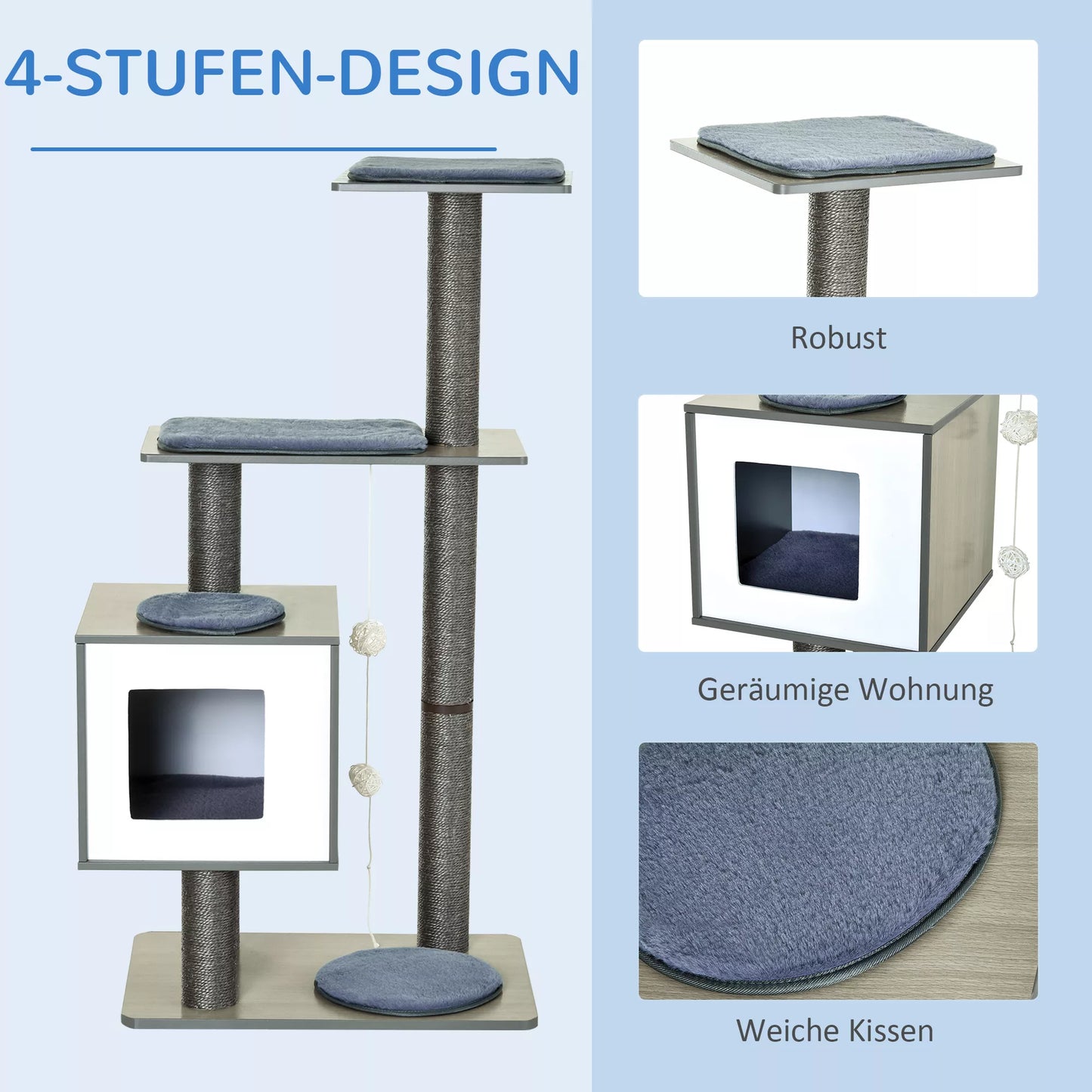 Kačių draskyklė, kačių medis, kačių žaislas, laipynė katėms, sizalis, paminkštinimas, poilsio zona su kamuoliuku, pilka, 71,5 x 49,5 x 120 cm