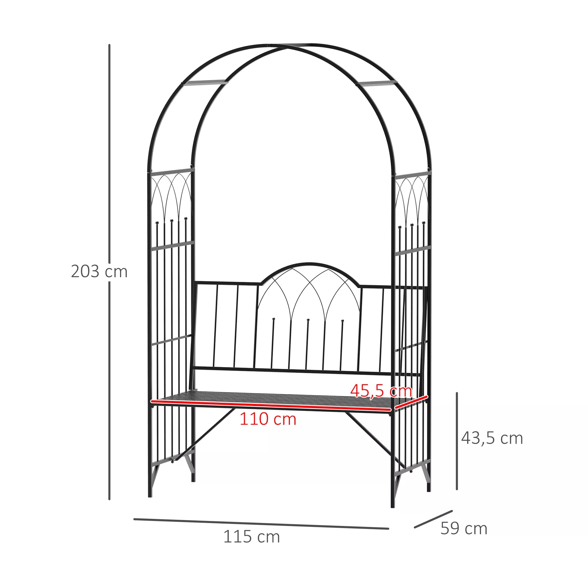 Rožių arkos su suoliuku Rožių suoliukas Pavėsinės suoliukas Filosofų suoliukas Rankgitter Rankhilfe Sodo suoliukas Metalo Juodas 115 x 59 x 203 cm
