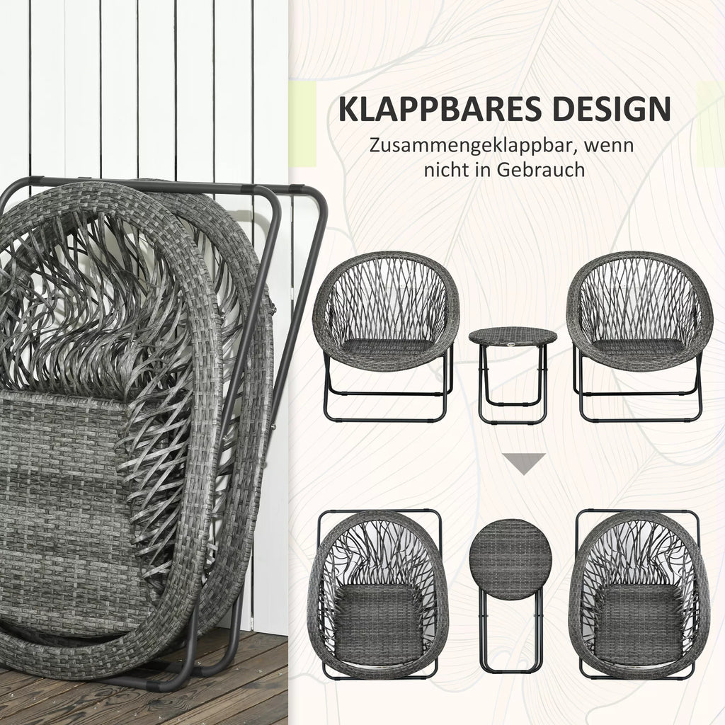 Sodo baldų komplektas, 3 dalių, rotango imitacija, 2 kėdės, 1 stalas, sulankstomas, pilkos spalvos