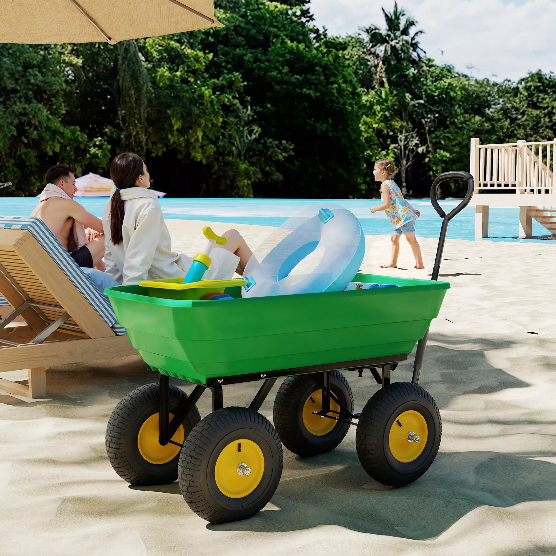 Sodo vežimėlis, su vertimo funkcija ir 75 litrų talpa, plastikas ir metalas, iki 200 kg, žalias