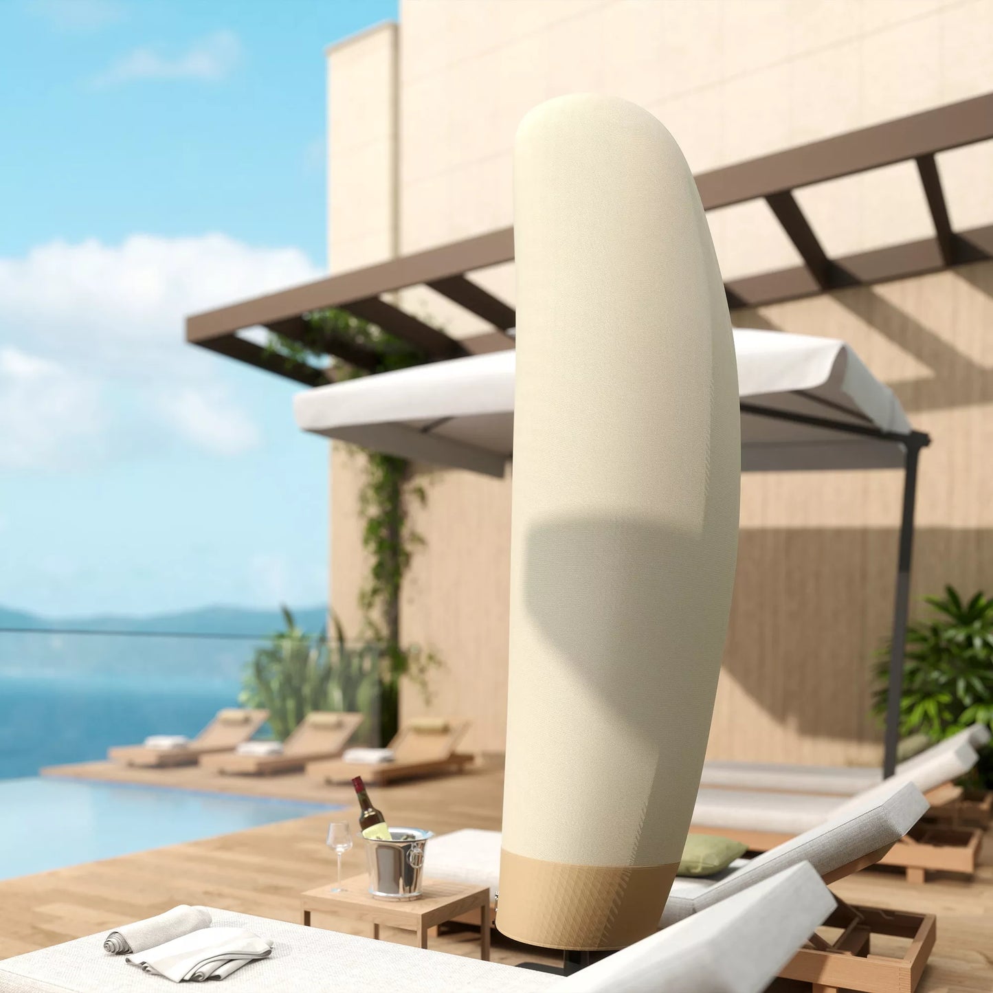 Apsauginė skėčio nuo saulės danga Ø 400 cm, atspari vandeniui, apsauganti nuo oro sąlygų, su stulpu, užtrauktuku, raišteliu, Oksfordo audiniu, UV spinduliams atspari atverčiama skėčio nuo saulės danga 220 × 56 cm, smėlio spalvos