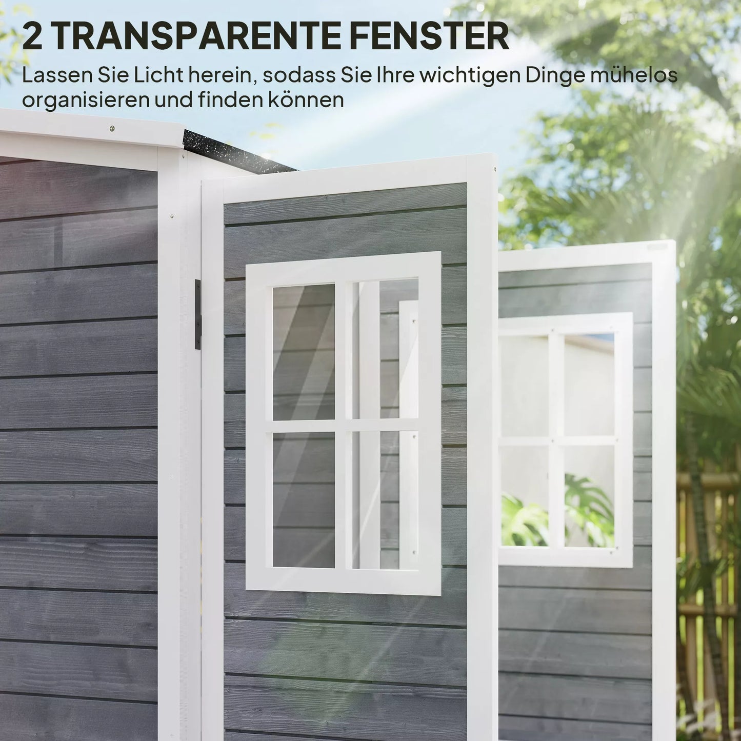 Sodo saugykla, įrankių namelis su 2 langais, žemės kuoliukai, asfaltuotas stogas, 91 x 69 x 192 cm, eglės mediena, šviesiai pilka