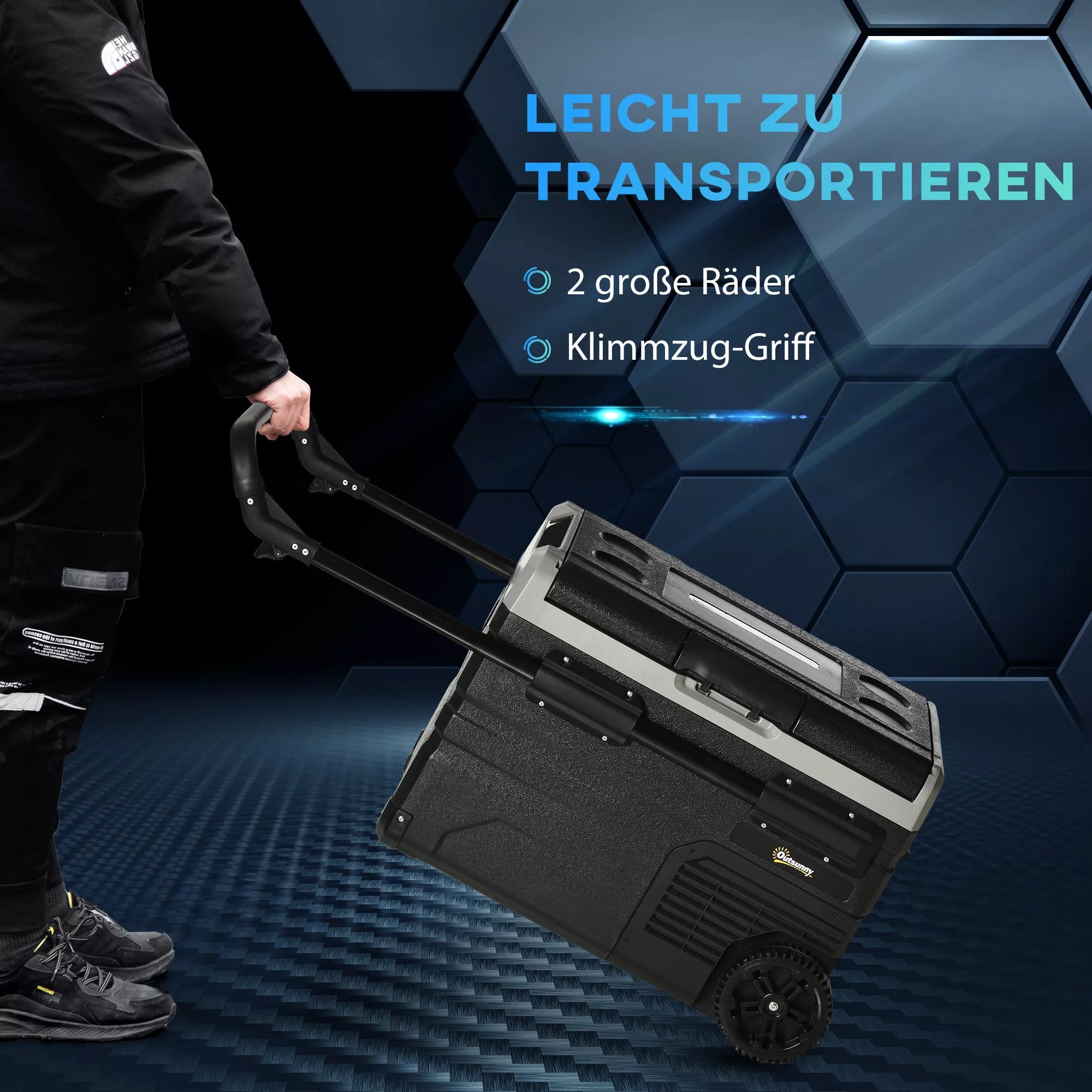 Šaldymo dėžė automobiliui 40 l su LED apšvietimu Kompresorinis automobilinis šaldytuvas su rankenomis Transportavimo ratukai Laivas Kempingas Kelionės 12/24 V DC ir 110–240 V AC Pilka + juoda