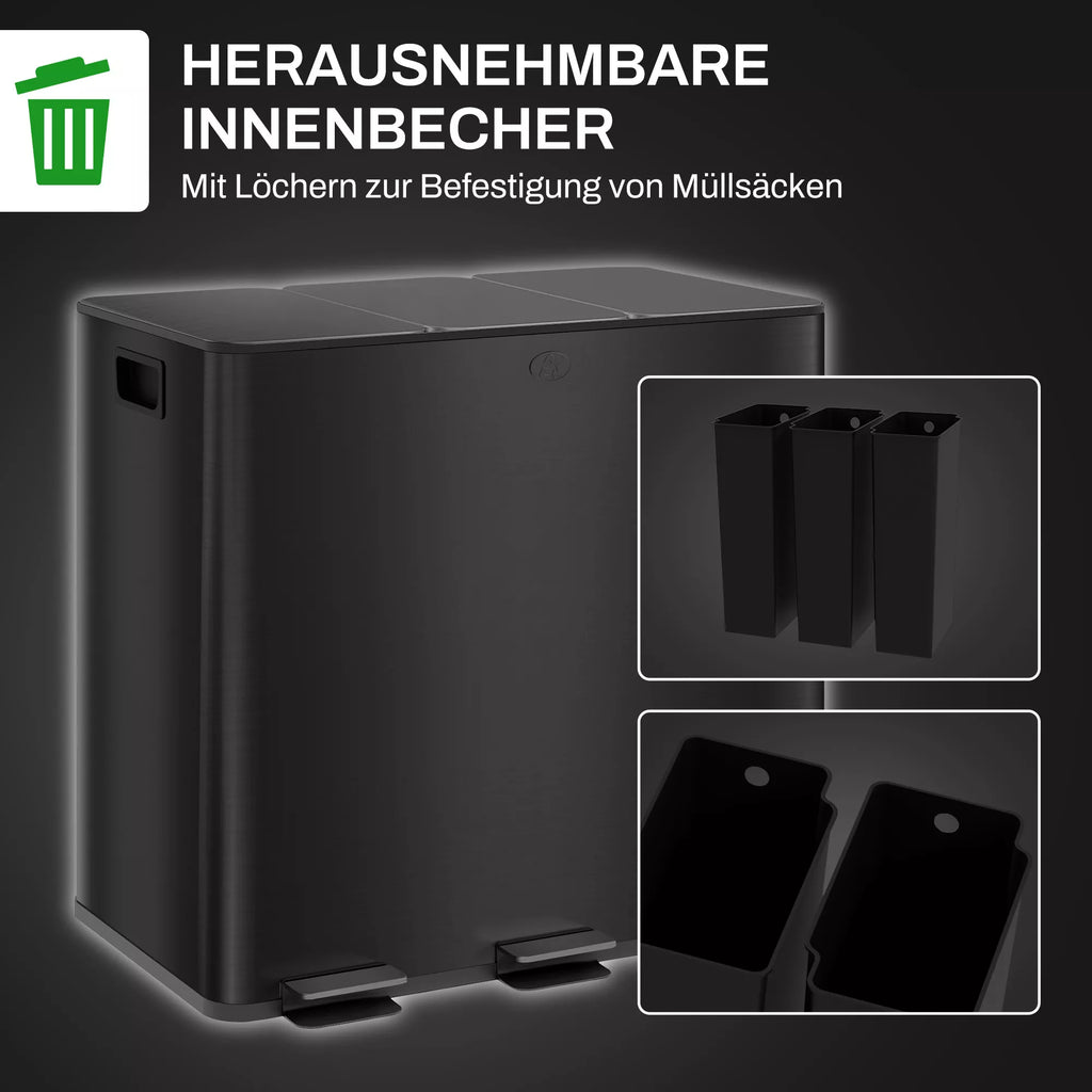 Šiukšliadėžė su pedalais, 3 x 15L, juoda