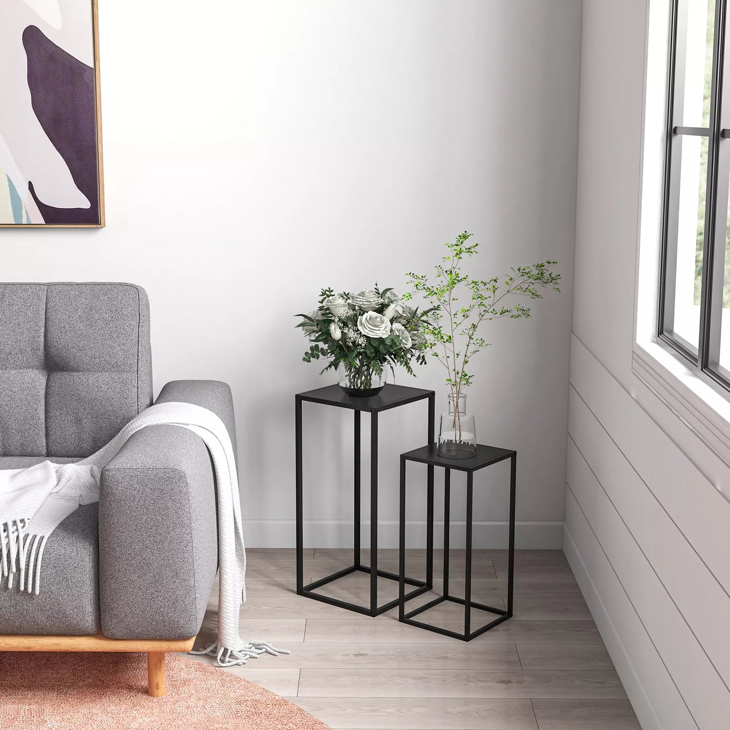 Gėlių stovas, 2 vnt. rinkinys, skandinaviško dizaino, metalinis rėmas, 58,5/65 cm aukštis, juodas