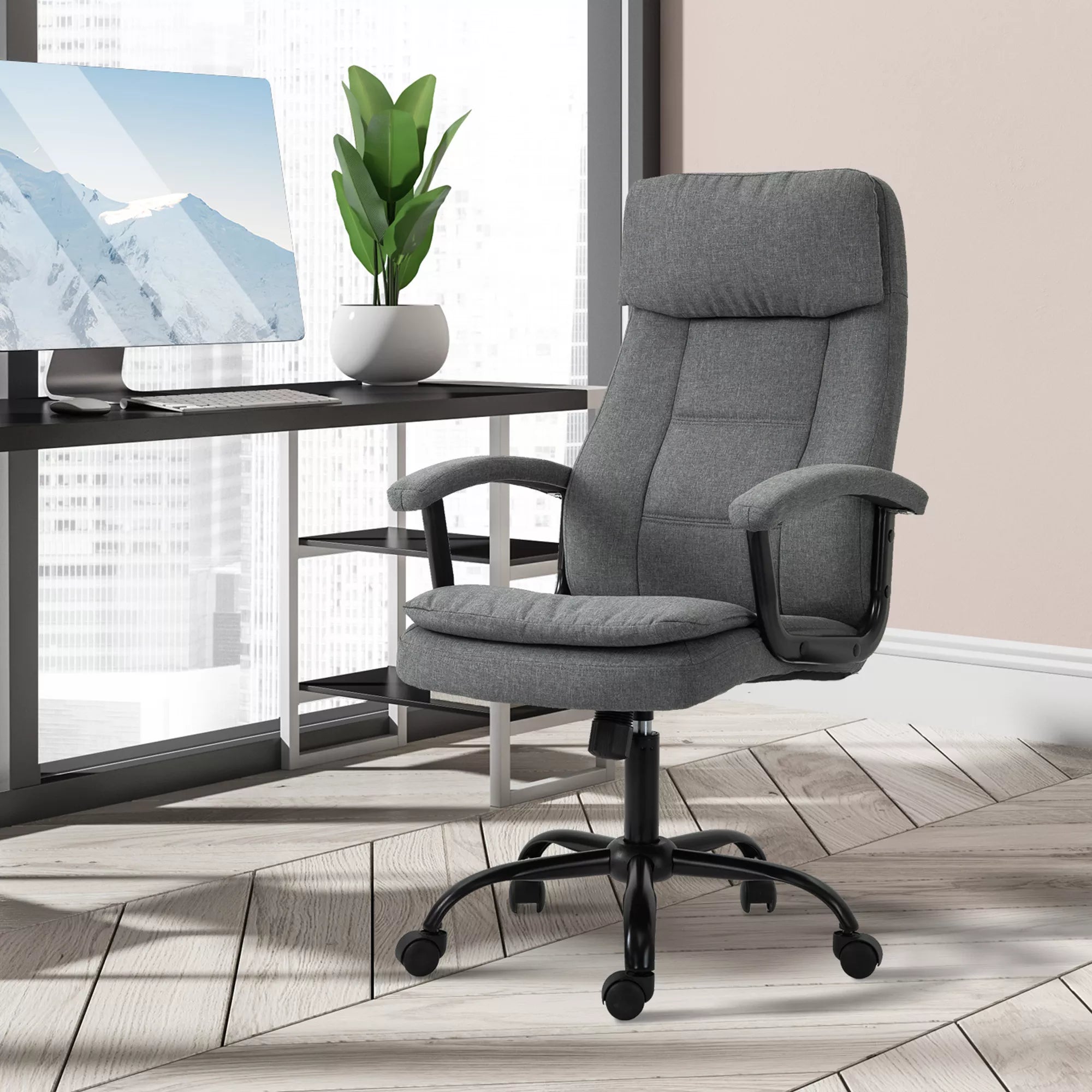 Biuro kėdė su masažu, aukščio reguliavimo, vadovo kėdė, žaidimų kėdė su masažo funkcija, ergonomiška sukama kėdė, masažinis krėslas, juosmens masažas, pilkos spalvos, su lino pojūčiu, 63 x 70 x 112-121 cm