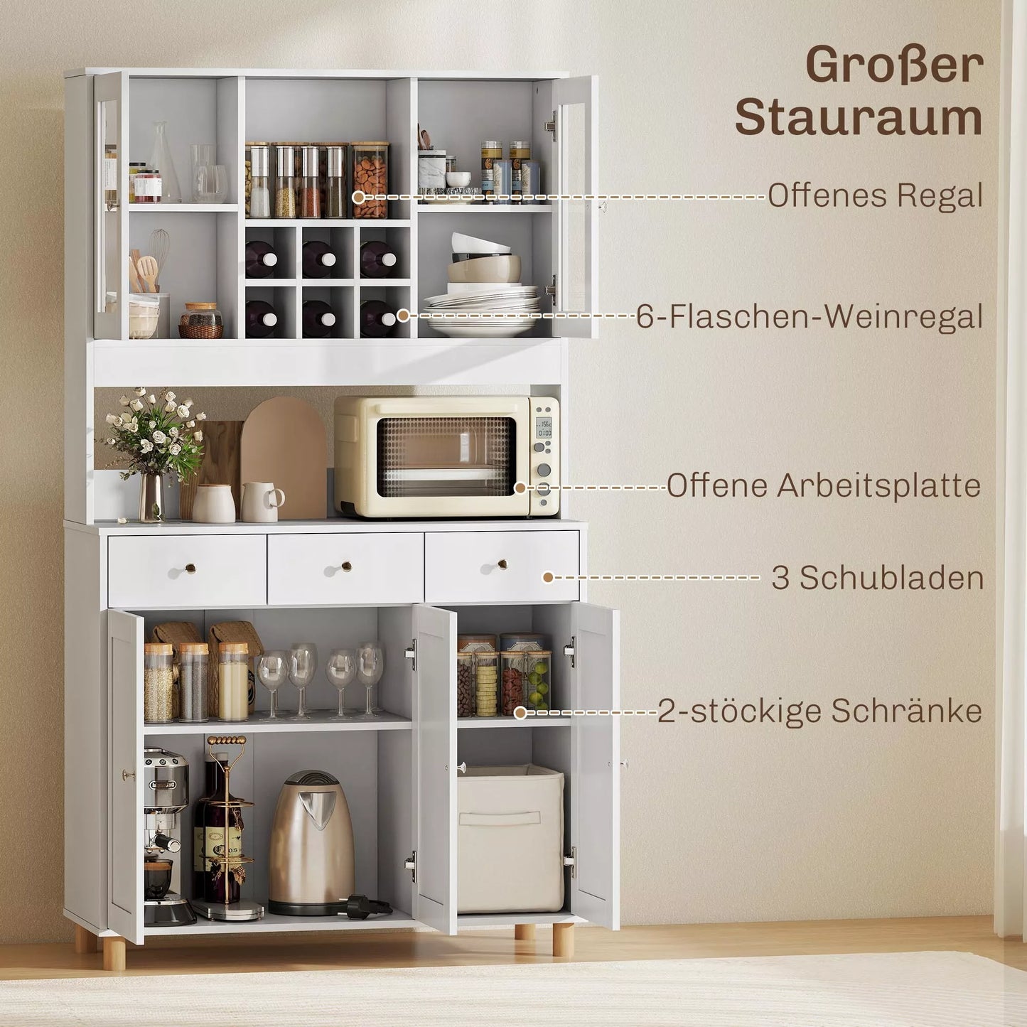 180 cm virtuvės spintelė, 2 stiklinės durys, 3 stalčiai, 4 reguliuojami lentynos, valgomojo spintelė, medžio drožlių plokštė, balta