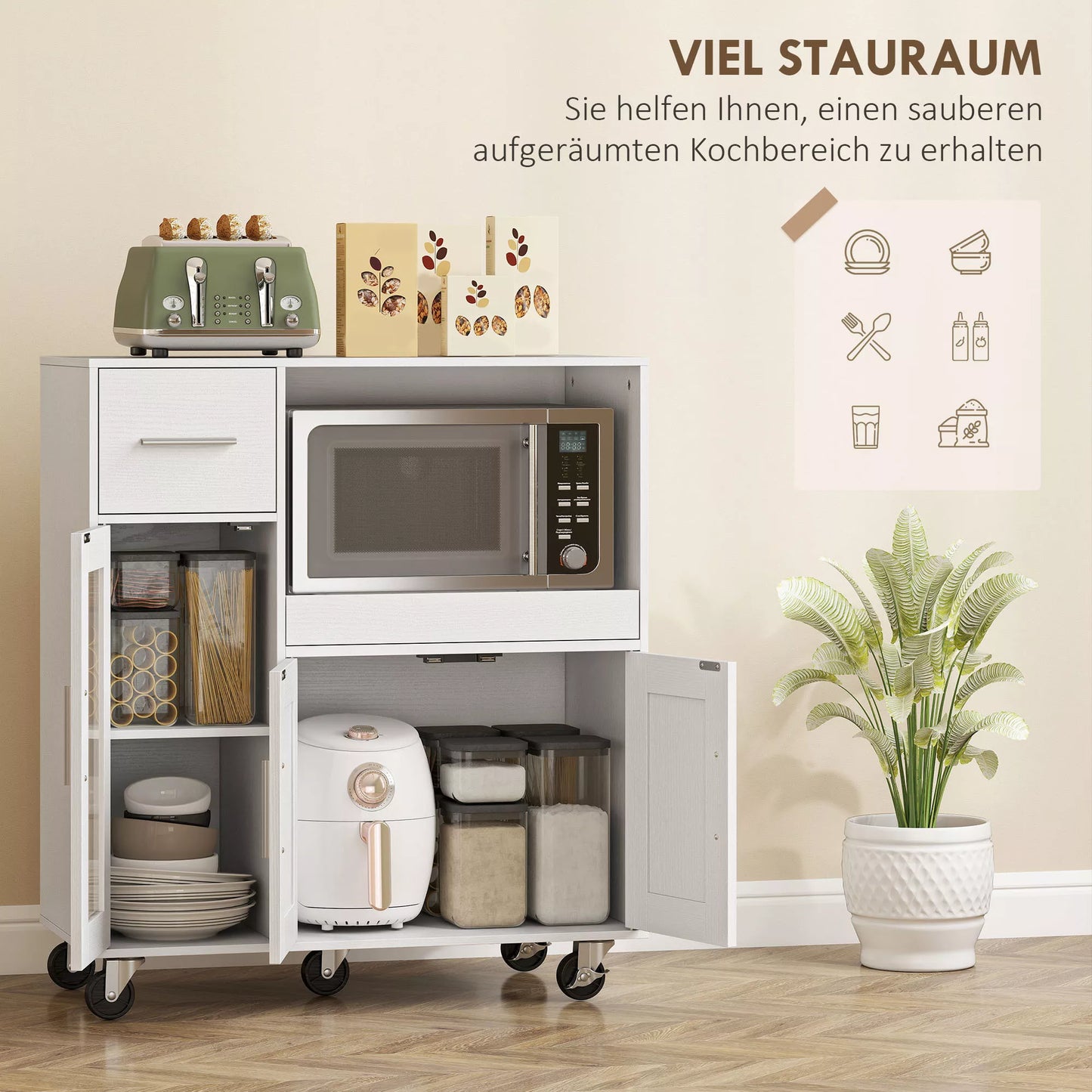 Virtuvės spintelė ant ratukų, mobili virtuvės komoda su lentynomis, stalčiais, reguliuojama lentyna, kabelio anga, balta