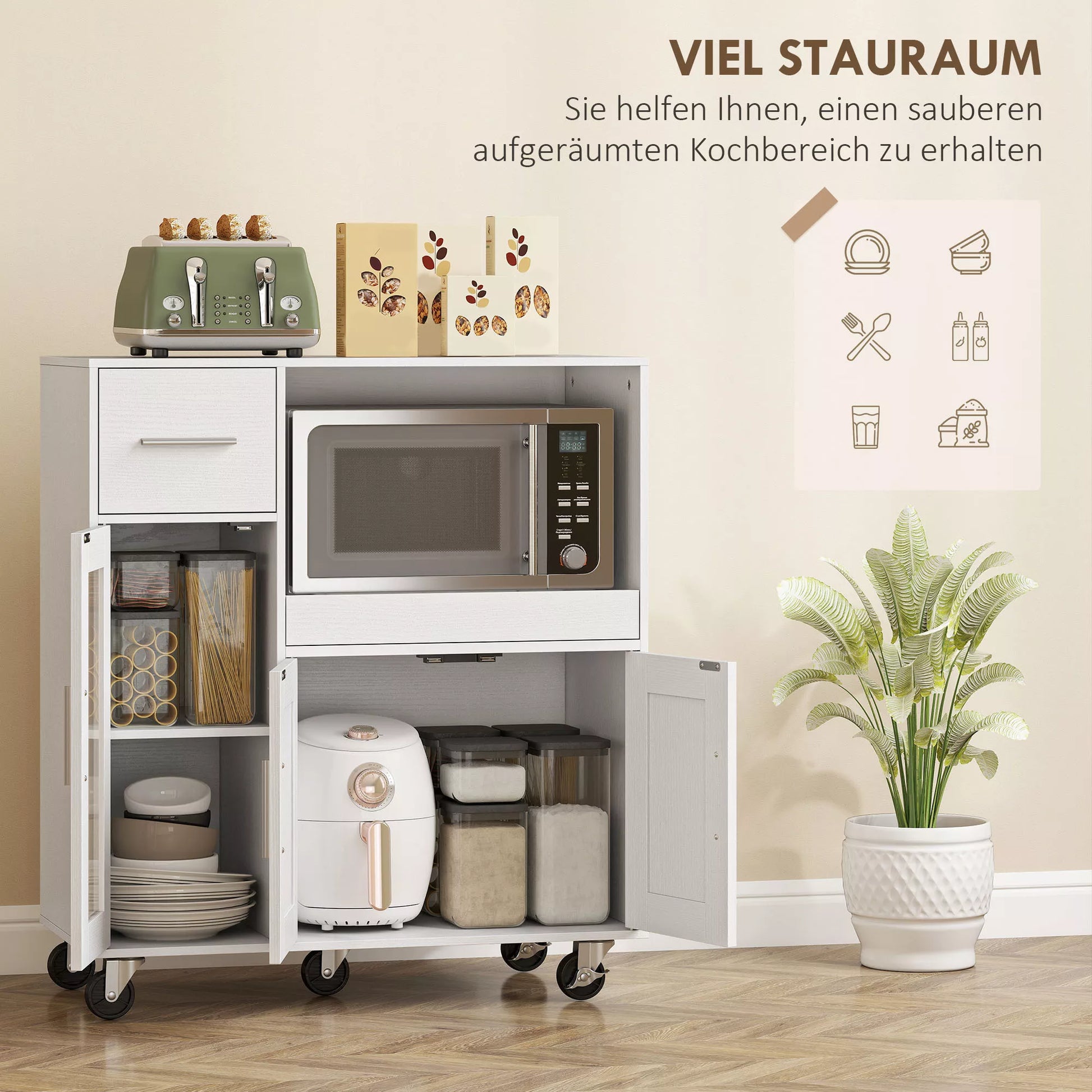 Virtuvės spintelė ant ratukų, mobili virtuvės komoda su lentynomis, stalčiais, reguliuojama lentyna, kabelio anga, balta