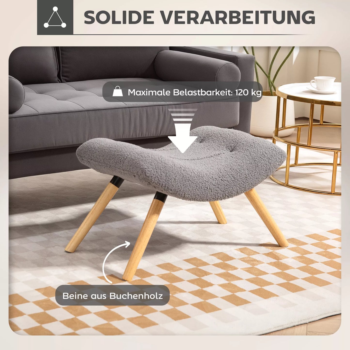 Modernus pufas su fliso apmušalu ir medinėmis kojomis, paminkštintas, skirtas svetainei, miegamajam, prieškambariui, šviesiai pilkos spalvos.