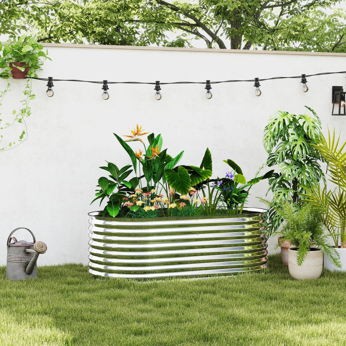 Gėlių vazonas, metalinis gėlių vazonas su apsauginiu kraštu ir pirštinėmis, atviras dugnas, 160P x 80G x 56A cm, pilkos spalvos