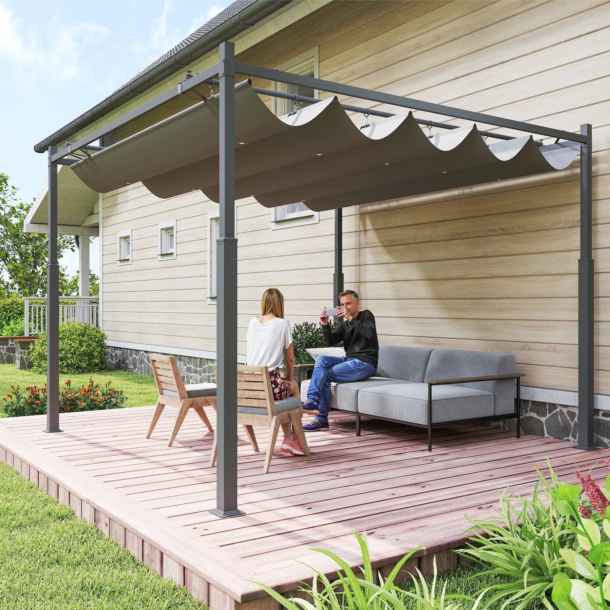 Laisvai pastatoma pergola, terasos stoginė su magnetiniu fiksavimu ir stumdomu stogu, aliuminis ir poliesteris, 3x3 m, antracitas