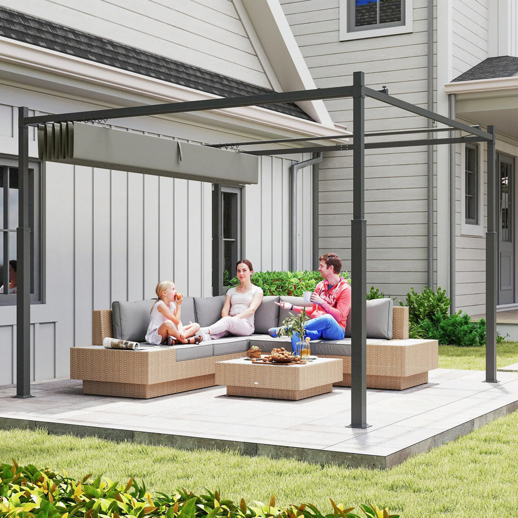 Laisvai pastatoma pergola, terasos stoginė su magnetiniu fiksavimu ir stumdomu stogu, aliuminis ir poliesteris, 3x3 m, antracitas