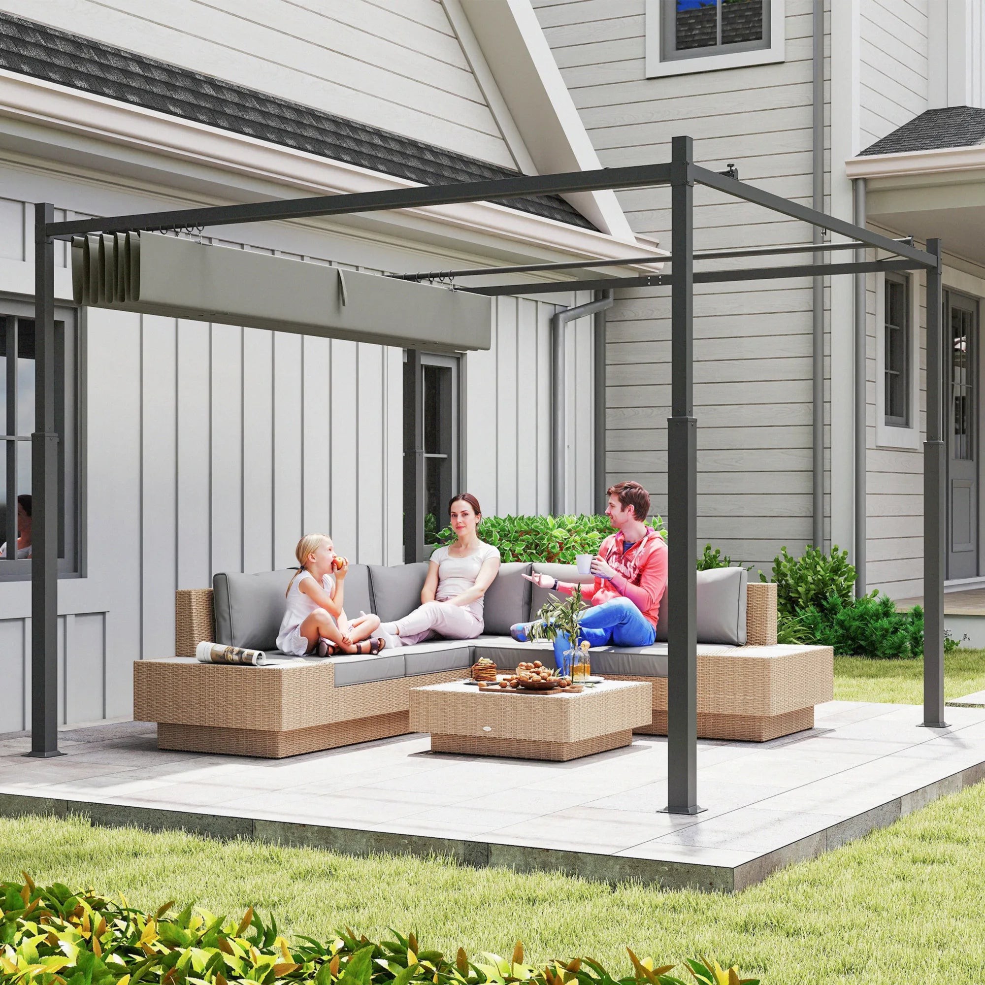 Laisvai pastatoma pergola, terasos stoginė su magnetiniu fiksavimu ir stumdomu stogu, aliuminis ir poliesteris, 3x3 m, antracitas