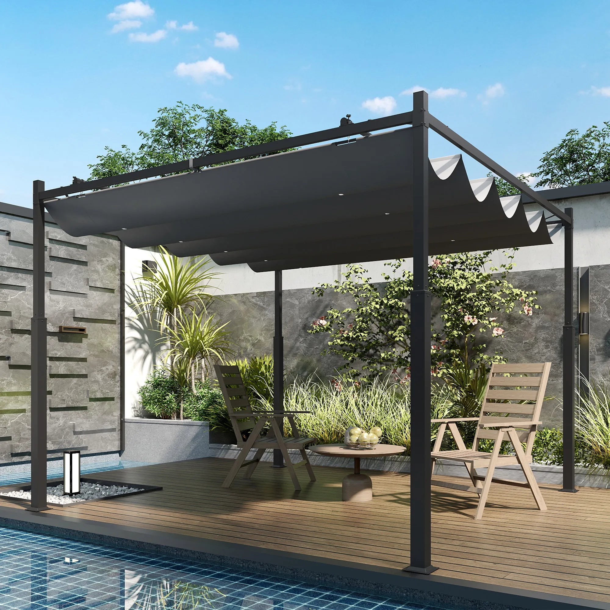 Laisvai pastatoma pergola, terasos stoginė su magnetiniu fiksavimu ir stumdomu stogu, aliuminis ir poliesteris, 3x3 m, antracitas