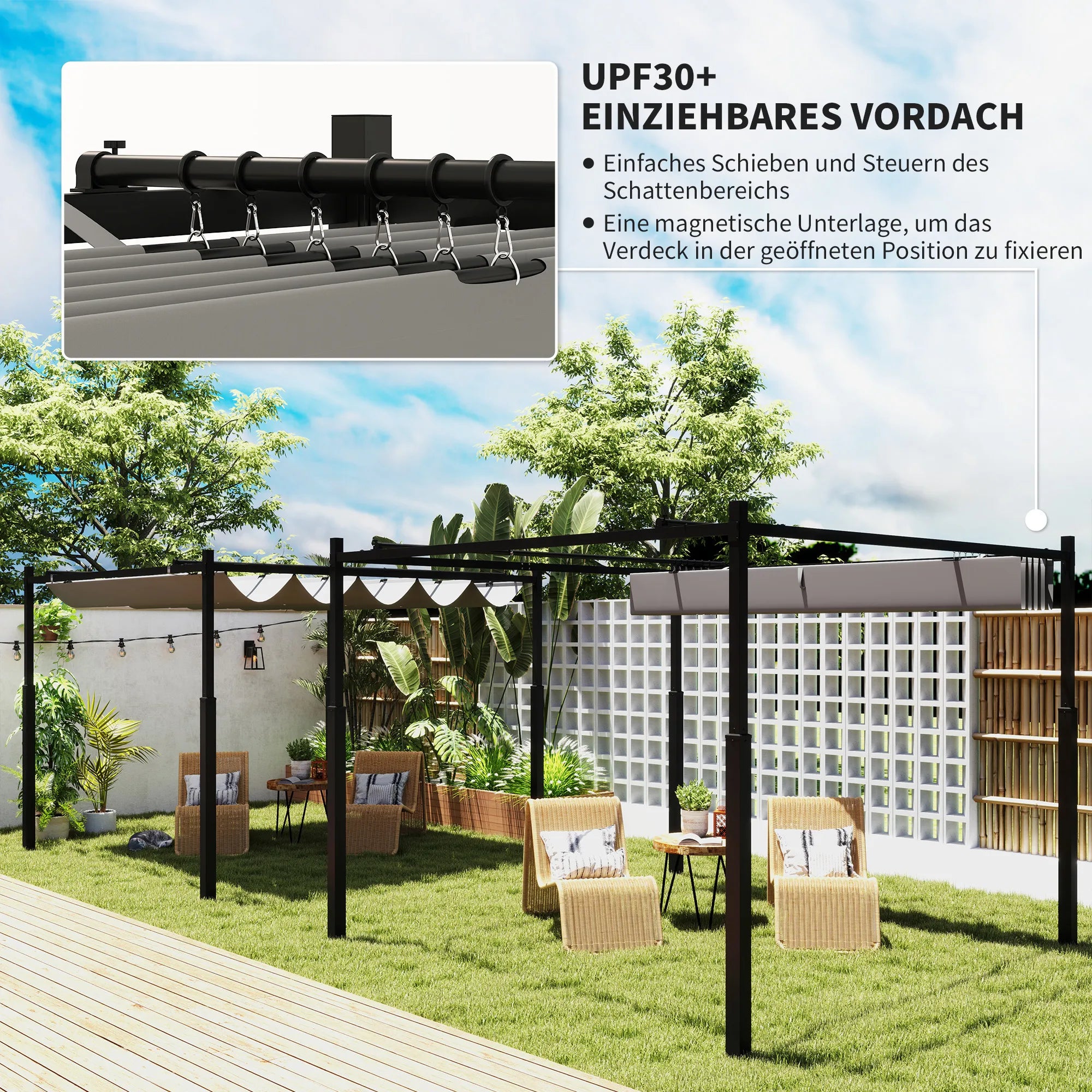 Laisvai pastatoma pergola, terasos stoginė su magnetiniu fiksavimu ir stumdomu stogu, aliuminis ir poliesteris, 3x3 m, antracitas