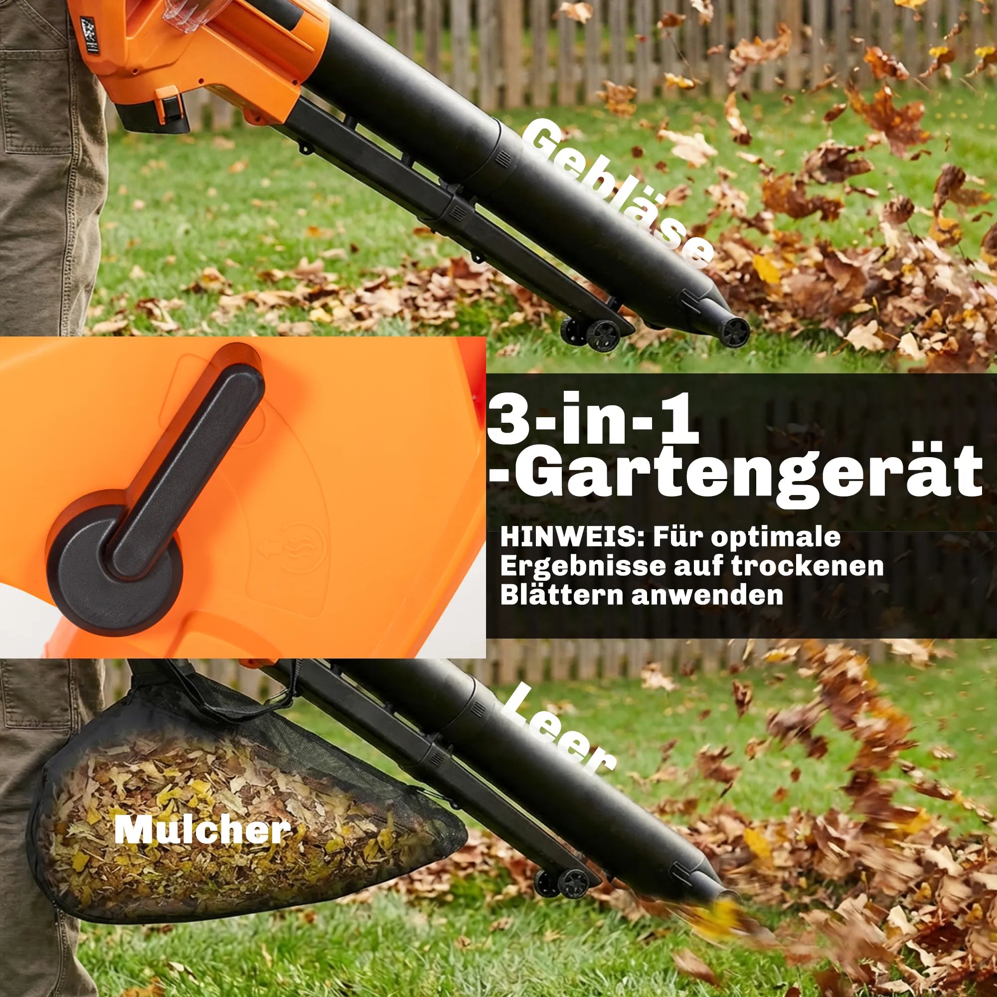 Lapų pūstuvas-siurblys 3-in-1 su 40 l maišu ir ratais, oranžinis