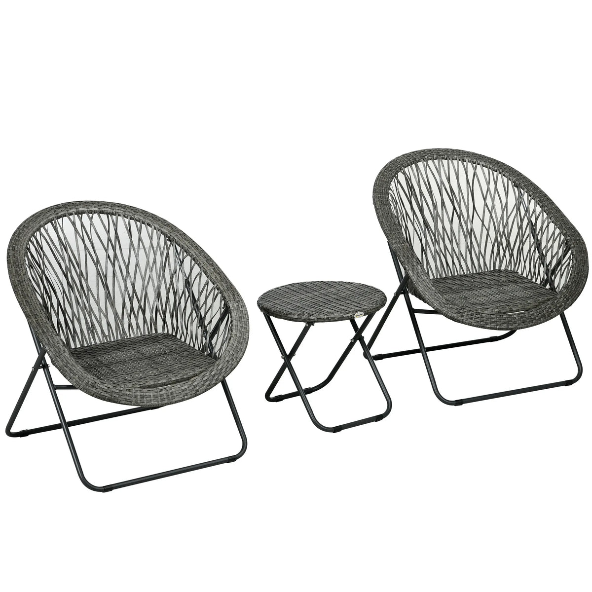 Lauko baldų komplektas, 3 dalių, pintų vytelių imitacija, 2 kėdės ir stalas, sulankstomas, pilkas